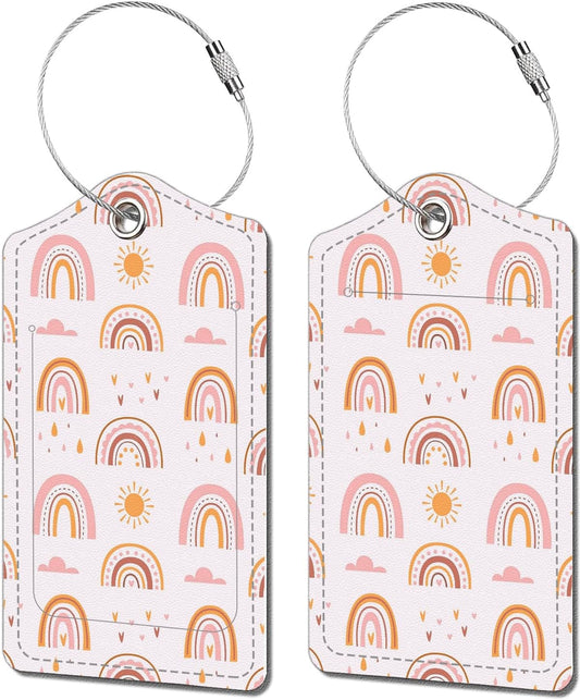 2 Pack Luggage Tags for Suitcase, Cute Leather Suitcase Tags Cruise Ship with Privacy Cover and Double Metal Loop Travel Baggage Bag Backpack Tags for Women Girls Pink Rainbow Lovely Gifts