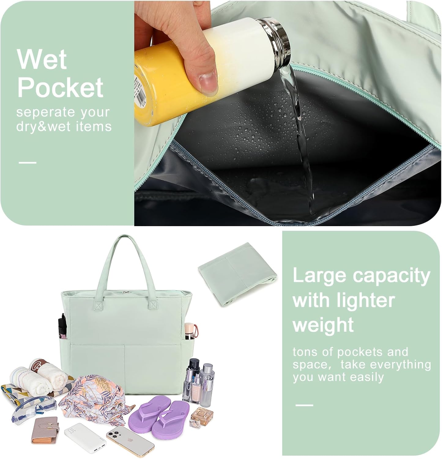 Bluboon Waterproof Beach Tote Pool Bags for Women Ladies Extra Large Carry On Bag With Wet Compartment for Weekender Travel