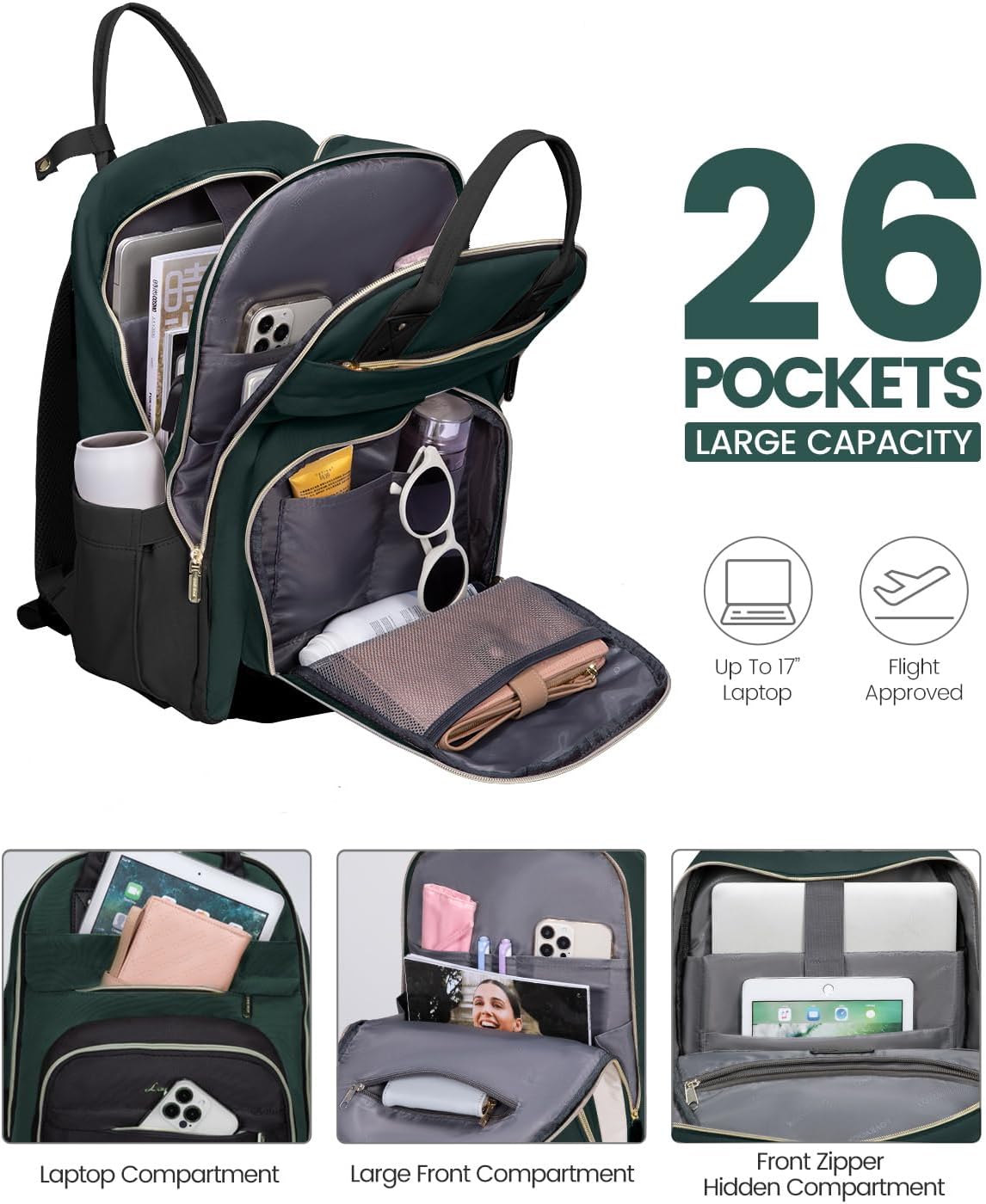 LOVEVOOK Backpack for Women,Laptop Backpack Women,Fits 17 Inch Laptop Bag,School Backpacks,Fashion Travel Work Anti-theft Bag,Waterproof Business Computer College Backpack Purse,Dark green-Black