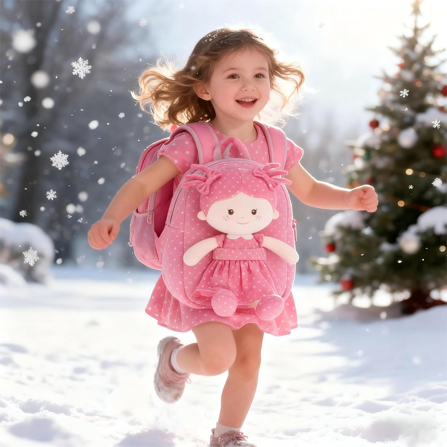 Onetoo Toddler Backpack Back to School Gifts for Girls Kids Backpacks with Soft Light Baby Dolls in Rose Red Polka Dots Dress 9"