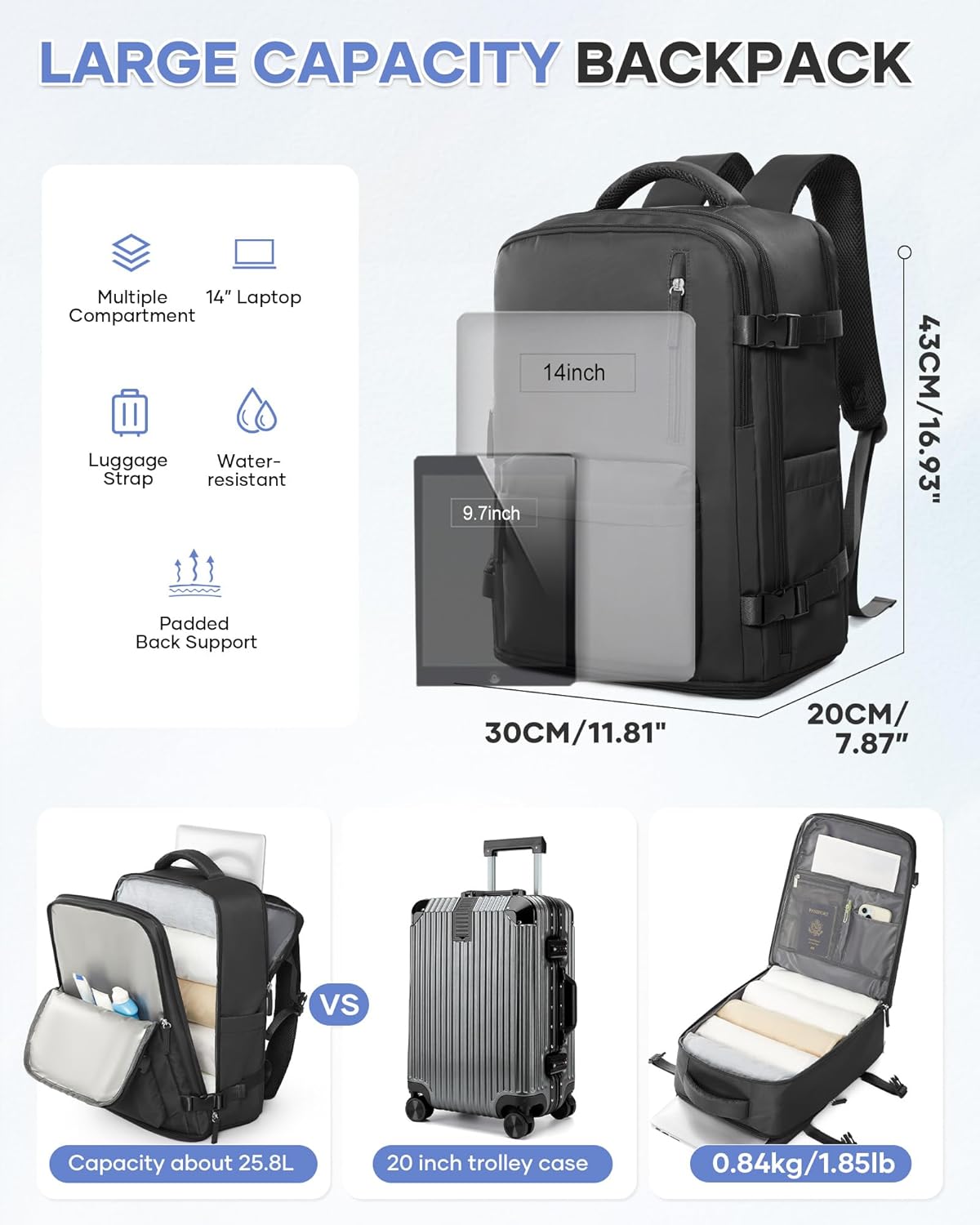 WONHOX Large Travel Backpack Carry on Flight Approved Laptop Work Business Backpack for Women Men Mochila de Viaje