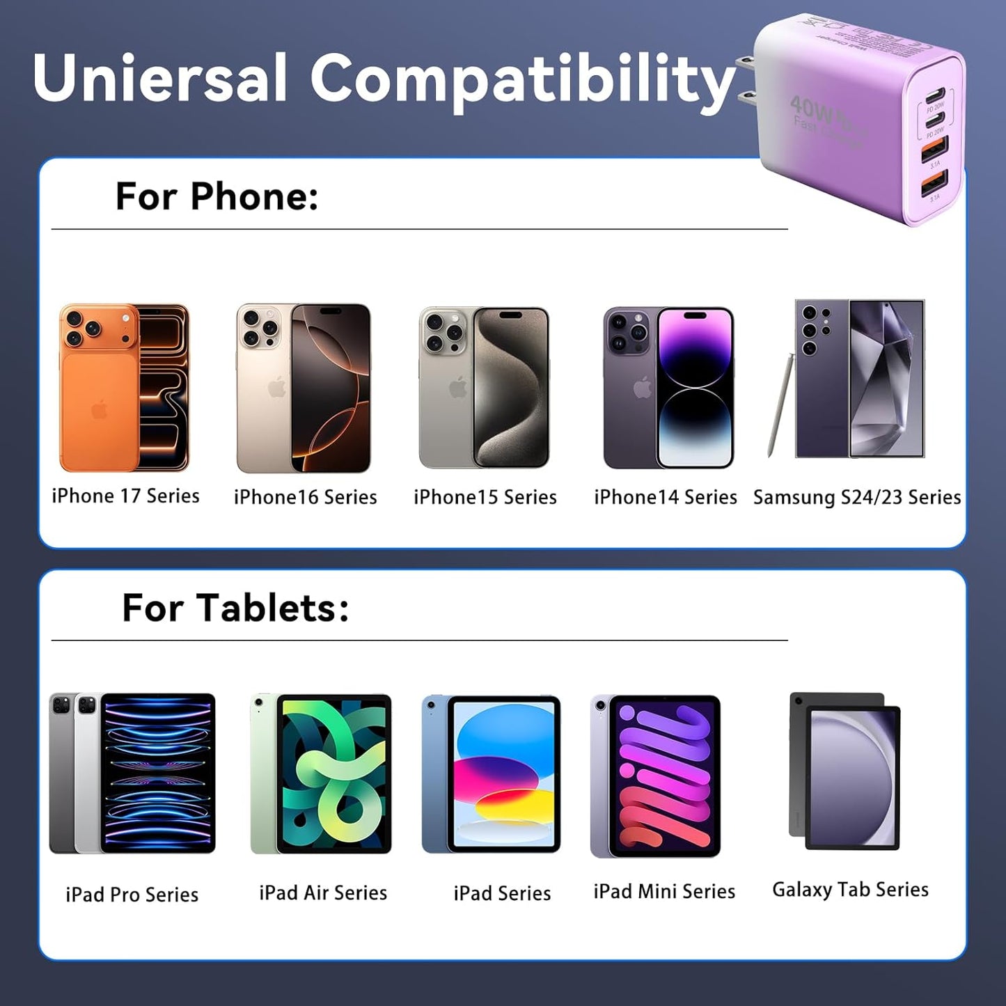 USB C Wall Fast Charger Block, 40W 4-Port Type C Chargers Fast Charging Blocks PD Power Charger Adapter+QC 3.0 USB Multiport Charger Brick for Phone 17/16/15/14/13/12 Pro Max, i-Pad, Galaxy S25-2Pack