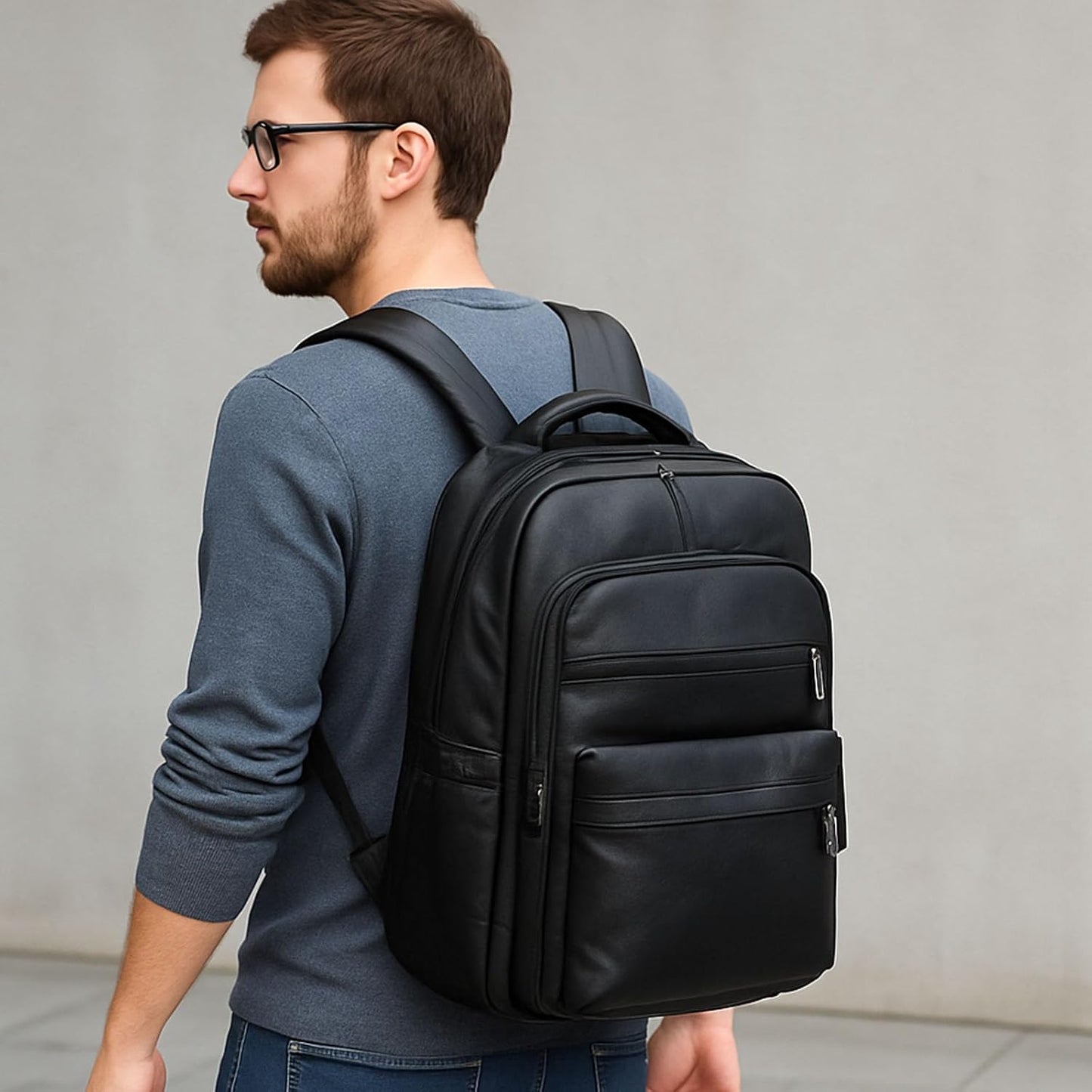 Vintage Leather Waterproof Backpack for Men 16" Laptop Bag Casual Daypack Business Travel Rucksack (Black)
