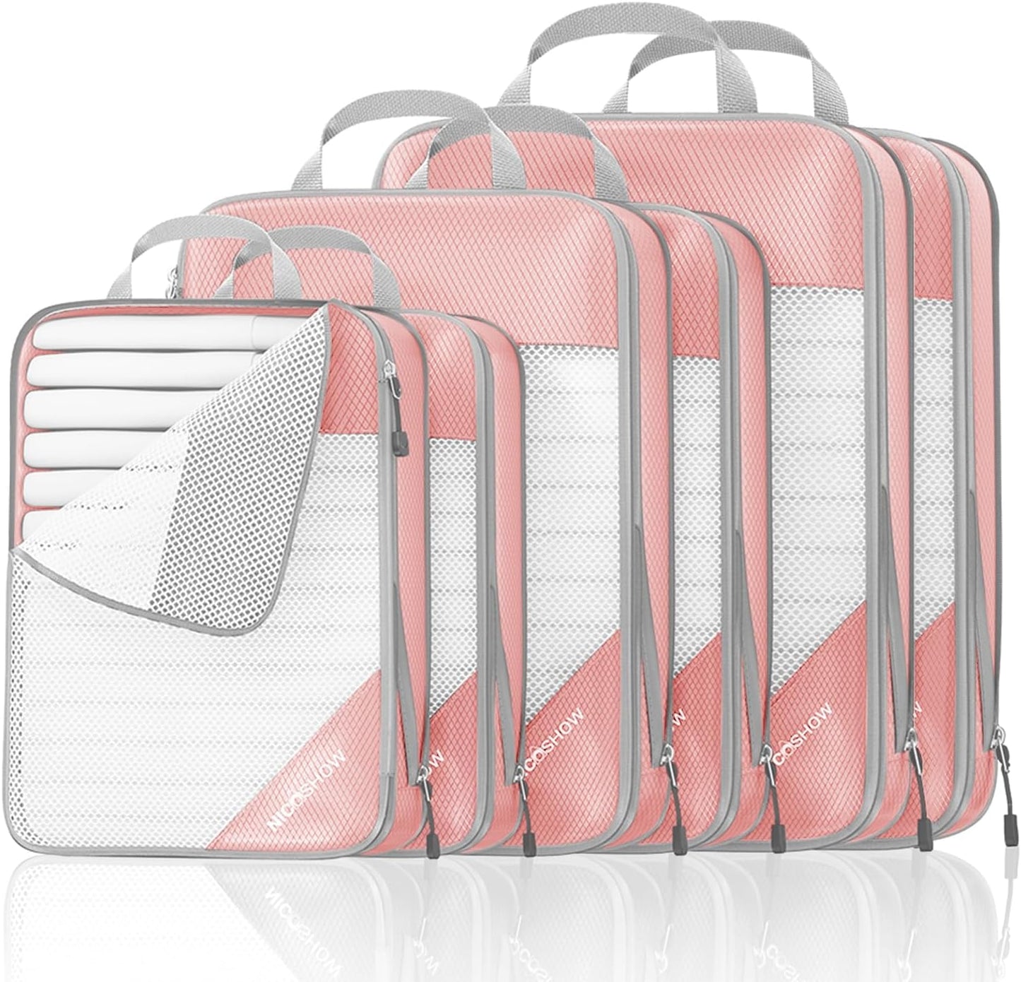 Compression Packing Cubes 6 Set, Compressible Space-Saving Packing Cubes for Travel - Compression Bags, Luggage Organizer, Travel Essentials for Women, Pink