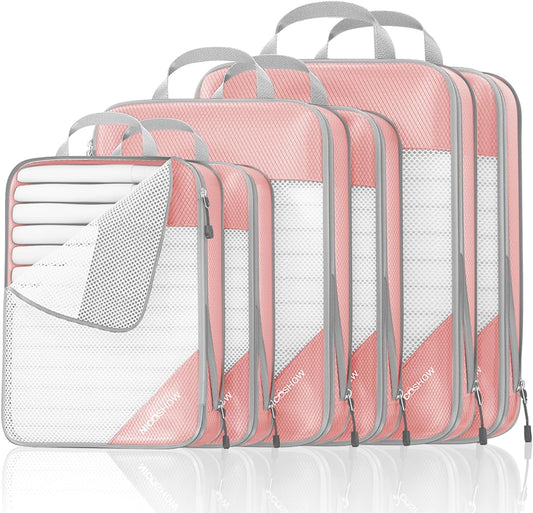 Compression Packing Cubes 6 Set, Compressible Space-Saving Packing Cubes for Travel - Compression Bags, Luggage Organizer, Travel Essentials for Women, Pink