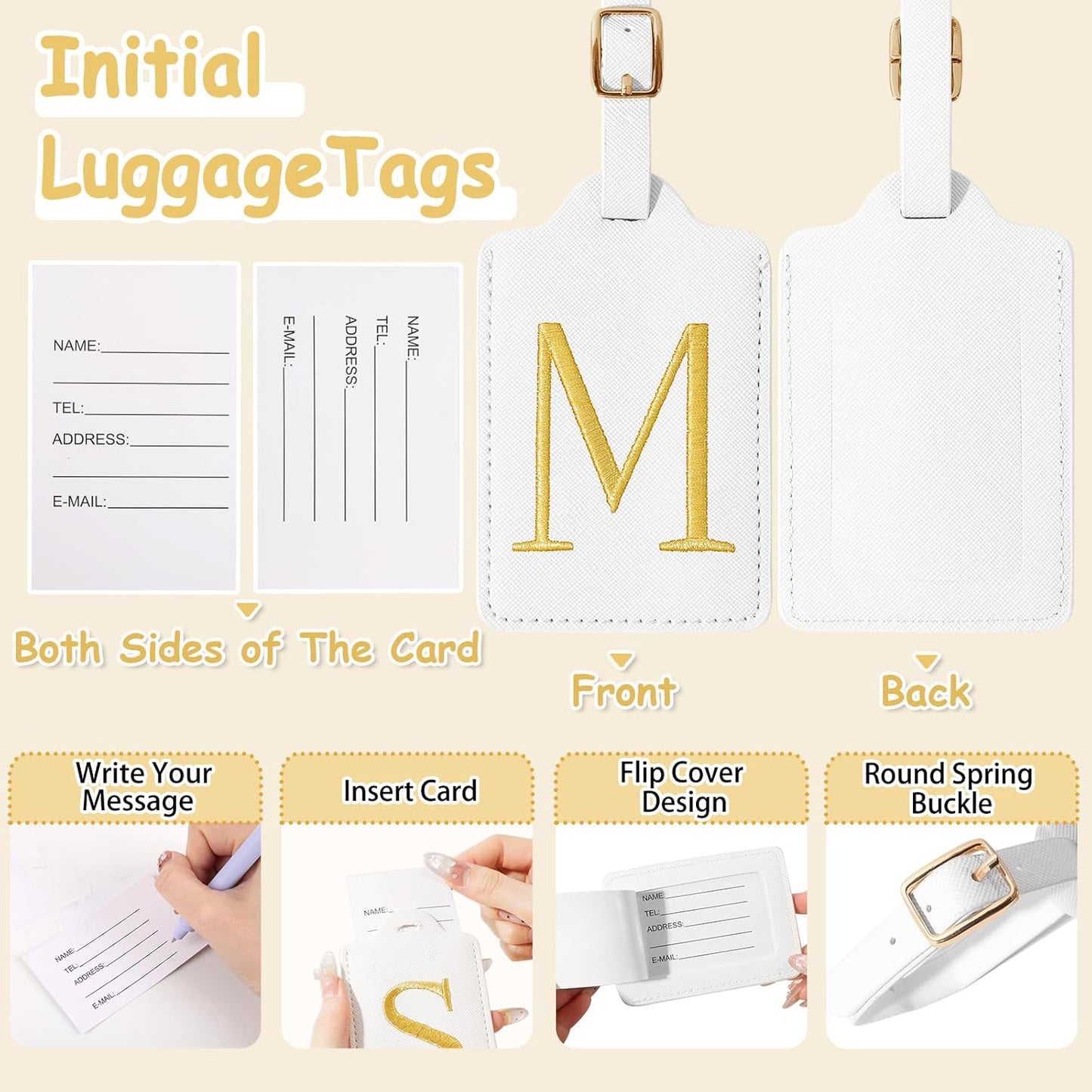 Personalized Initial Luggage Tags for Suitcases, Cute PU Leather Embroidered Letter Travel Luggage Tags, Suitcase Identifier Name Baggage Tag, Bag Tags for Men Women Kids Luggage Handbags(White M)