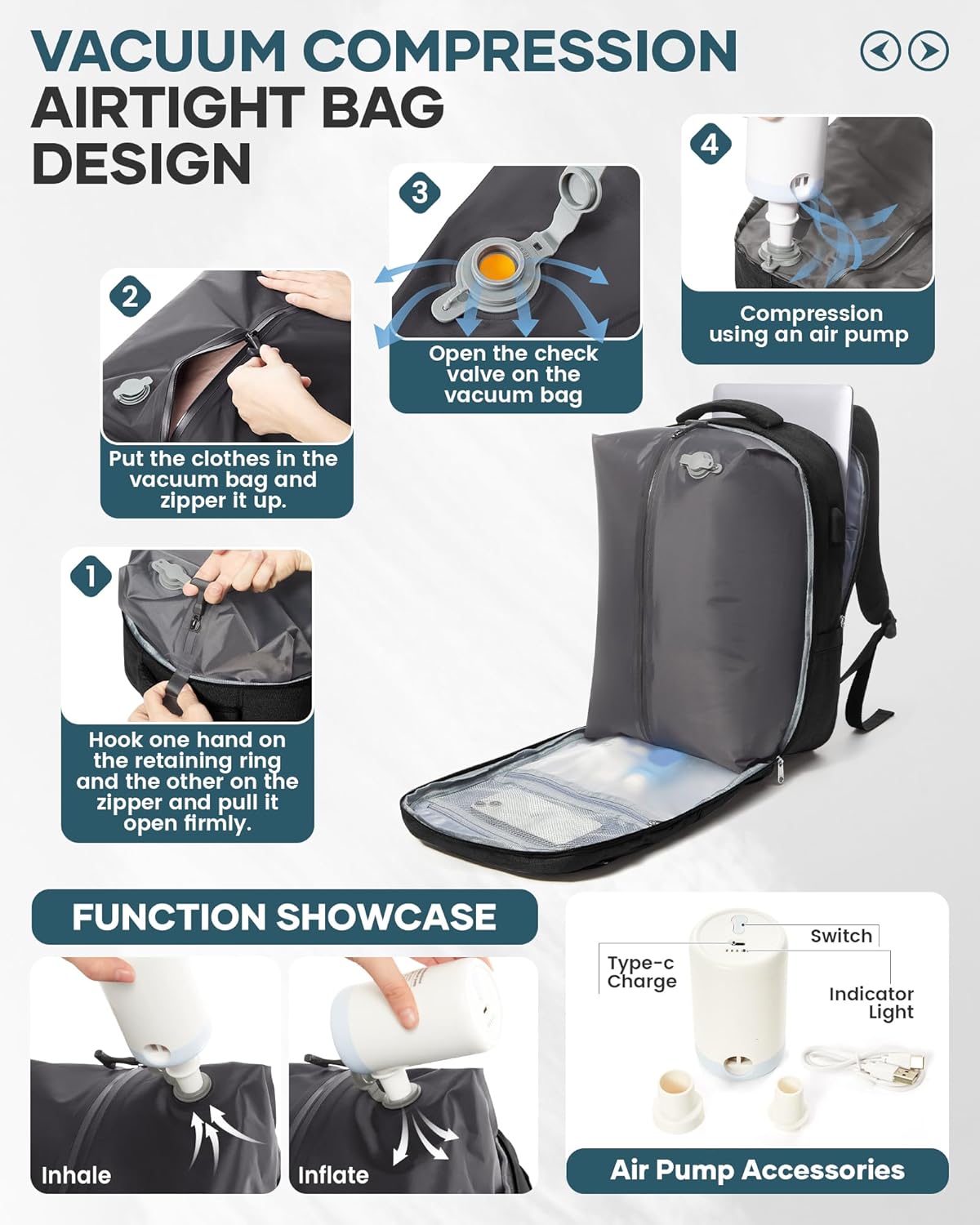 suwasp Vacuum Backpack Travel with Pump, mochila de viaje compresion al vacio for Women Men, Large Storage Vacuum Bags for Travel Backpack Personal Item Carry On Backpacks Flight Approved, Black