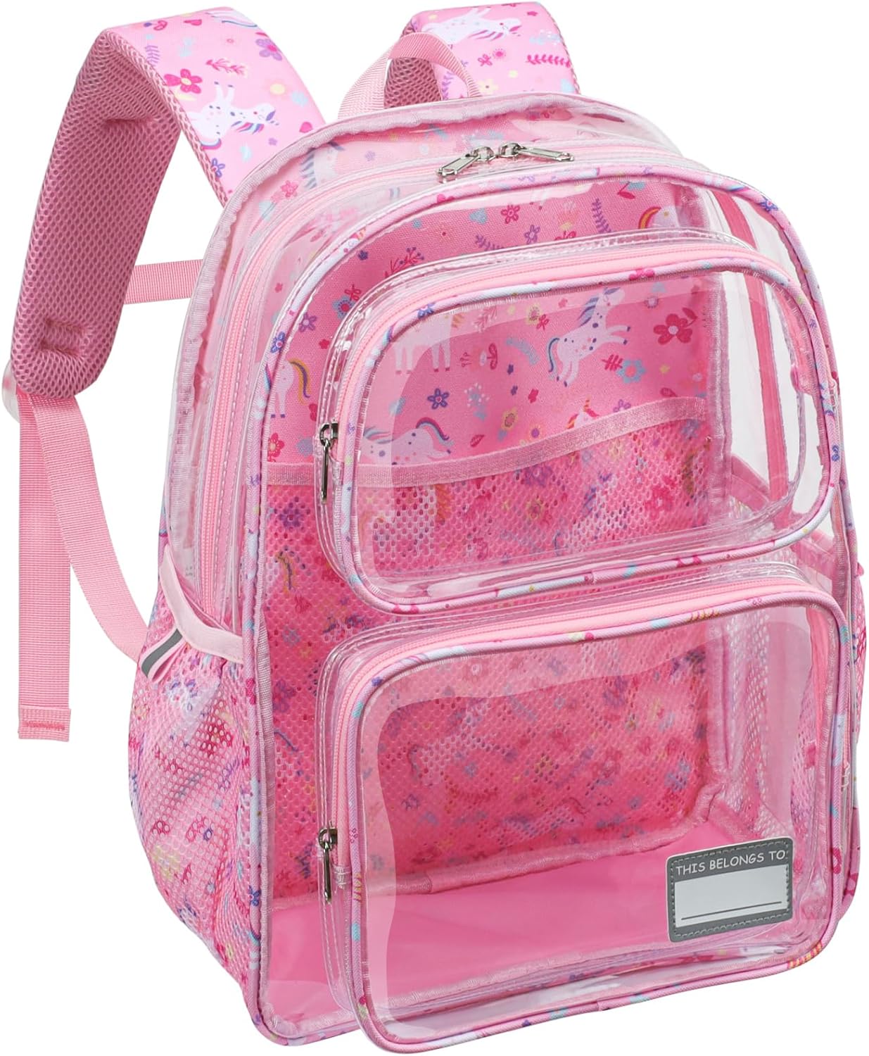 Bagseri Clear Backpack for Kids - 15 Inch Clear Bookbag for Girls Aged 3 to 8 Heavy Duty Transparent Backpack for School, Safe Reflective Strip, Cute Fabric Back Panel, Pink Unicorn