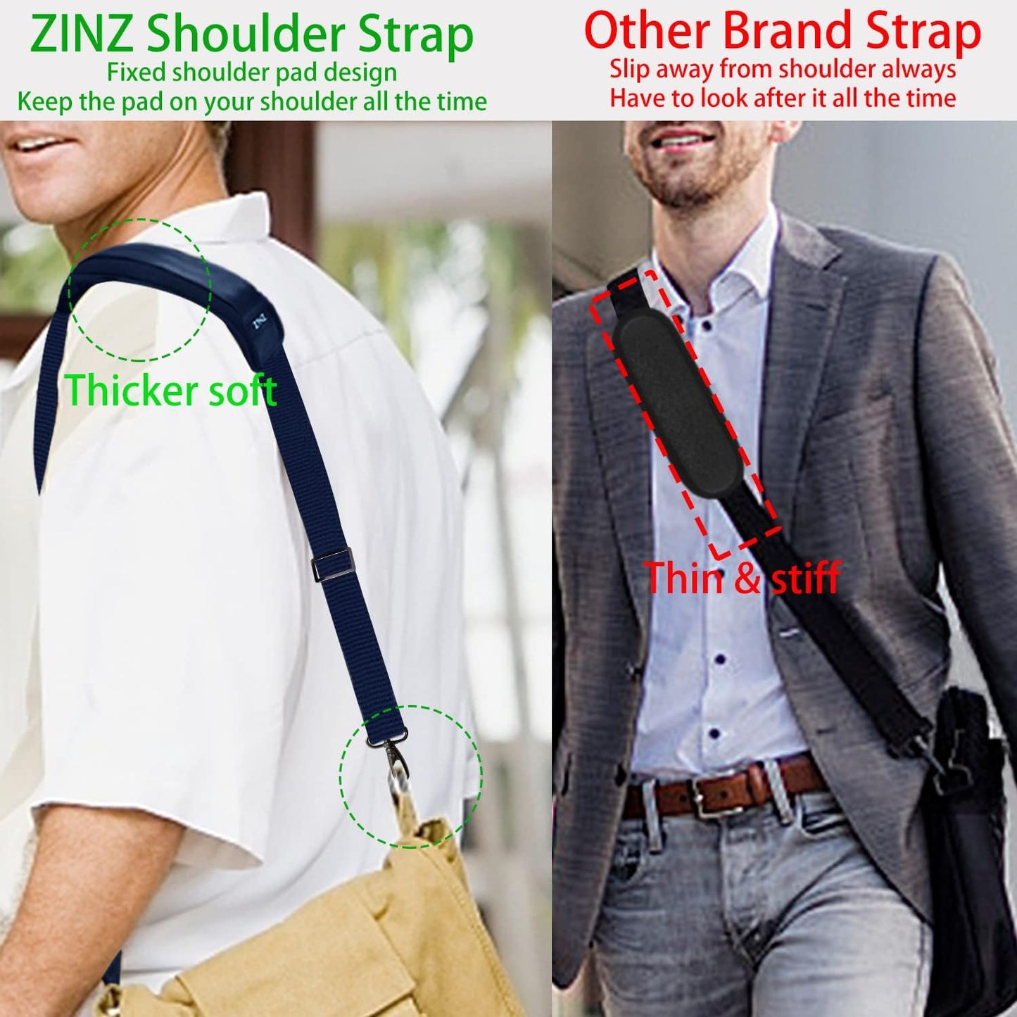 ZINZ Shoulder Strap 58" Ultra-Thick Fixed Padded and Adjustable Buckles Crossbody Strap for