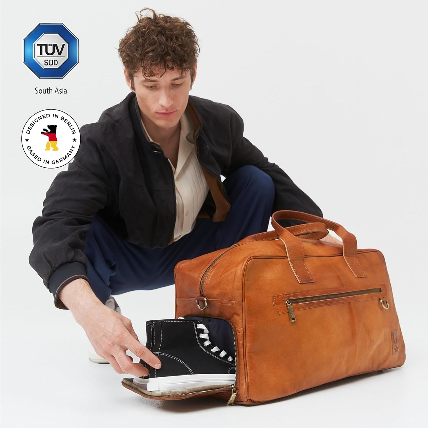 Berliner Bags Vintage Genuine Leather Duffle Austin XL for Travel or the Gym, Weekender Bag with Shoe Compartment, Overnight Bag for Men and Women - Brown