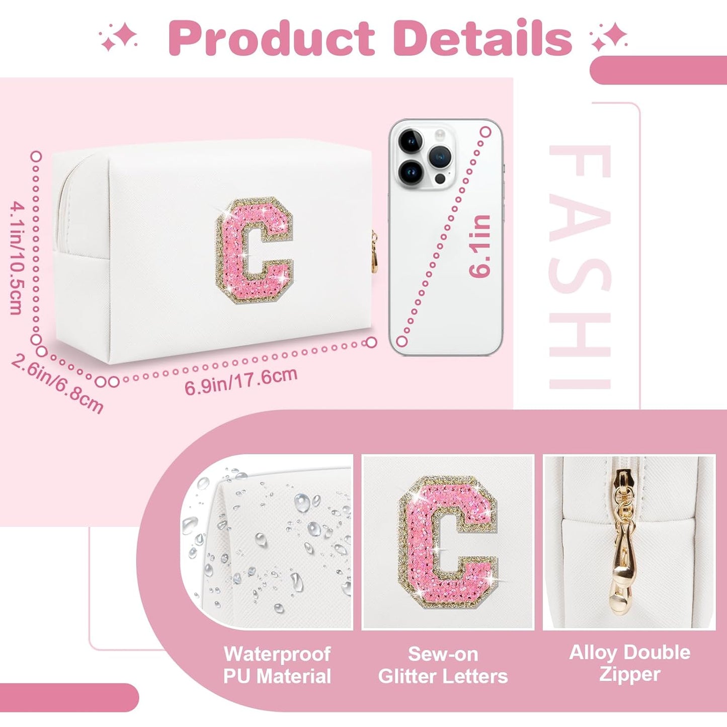 Small Initial Patch Makeup Bag Personalized Gifts Make Up Bag,White Cute PU Leather Glitter Letter Cosmetic Bag with Zipper,Trendy Portable Travel Toiletry Pouch,Preppy Stuff for Teen Girls Women C