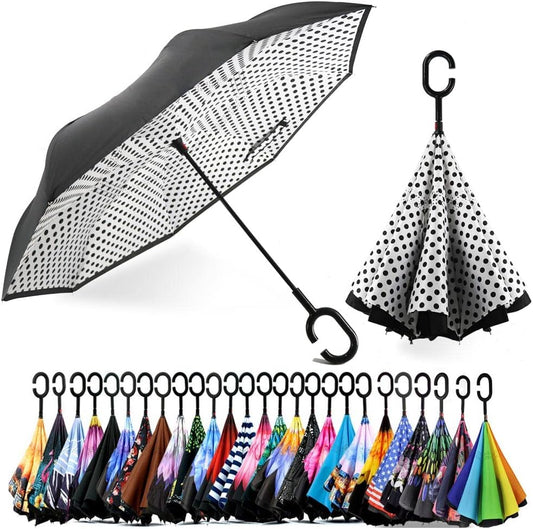 SIEPASA 49/56 Inch Inverted Reverse Upside Down Umbrella, Extra Large Double Canopy Vented Windproof Waterproof Stick Golf Umbrellas with C-shape Handle.