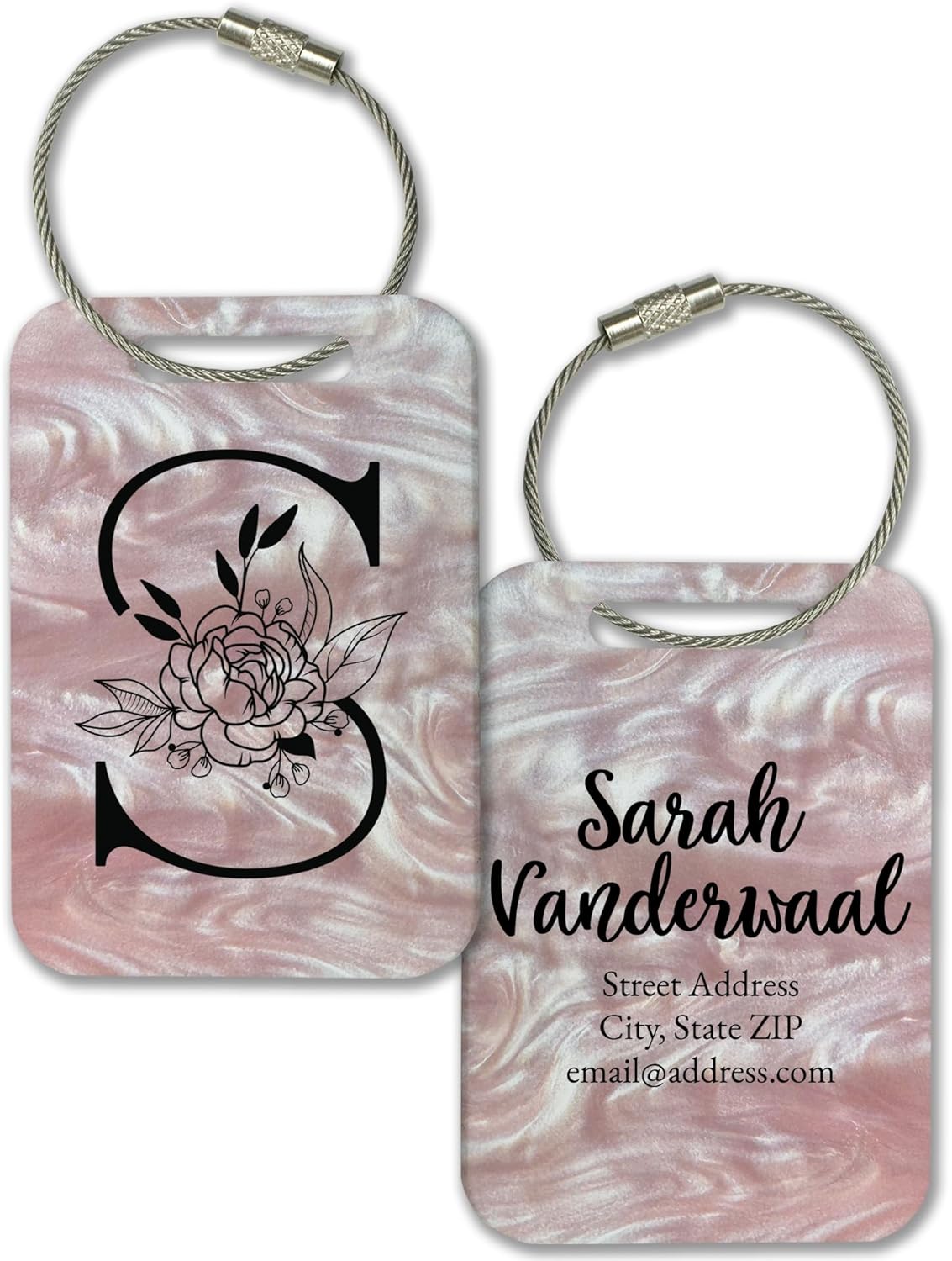 Personalized Monogram Name Tag for Luggage (3 or 6 Count Pack) | Custom Tag for Suitcase | Acrylic Name Tag for Travel | Choose Your Font & Color | Backpack ID Label (Monogram, Pink Marble)