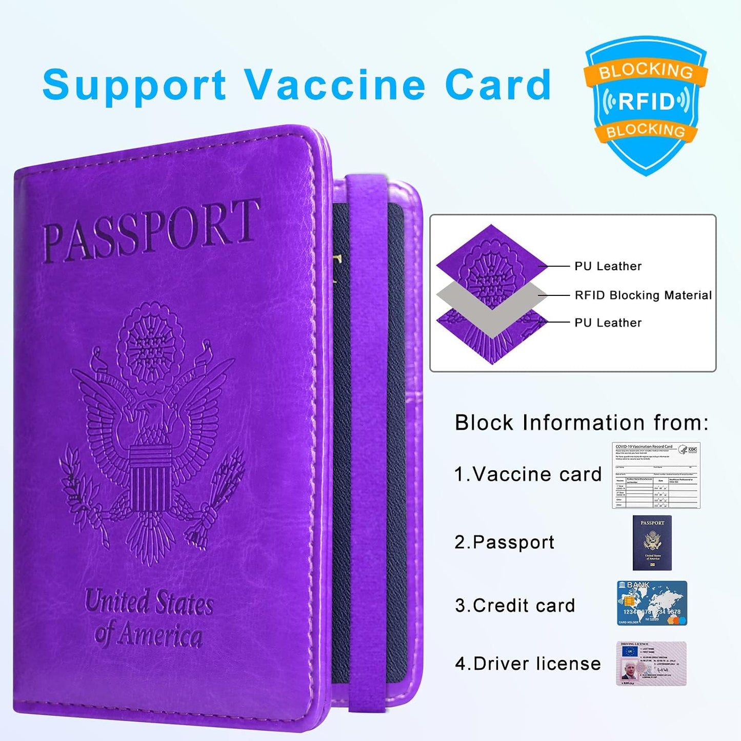 ACdream Unisex Purple Faux Leather Passport and Vaccine Card Holder with RFID Blocking, 8.5" x 6"