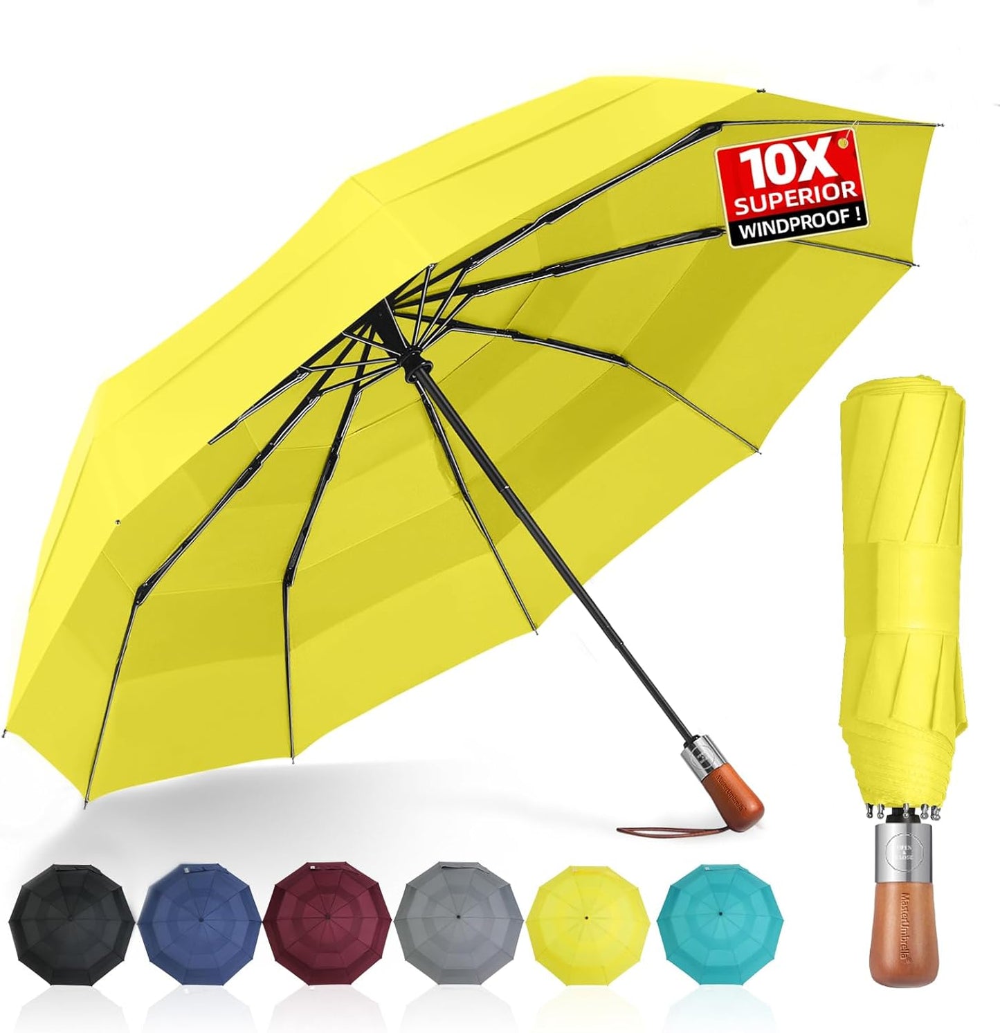 Umbrellas for Rain, Heavy-Duty Windproof Travel Umbrella — Auto Open/Close, Vented Triple-Layer Canopy, 10 Fiberglass Ribs, Folding Design, Large Coverage, Wooden Handle