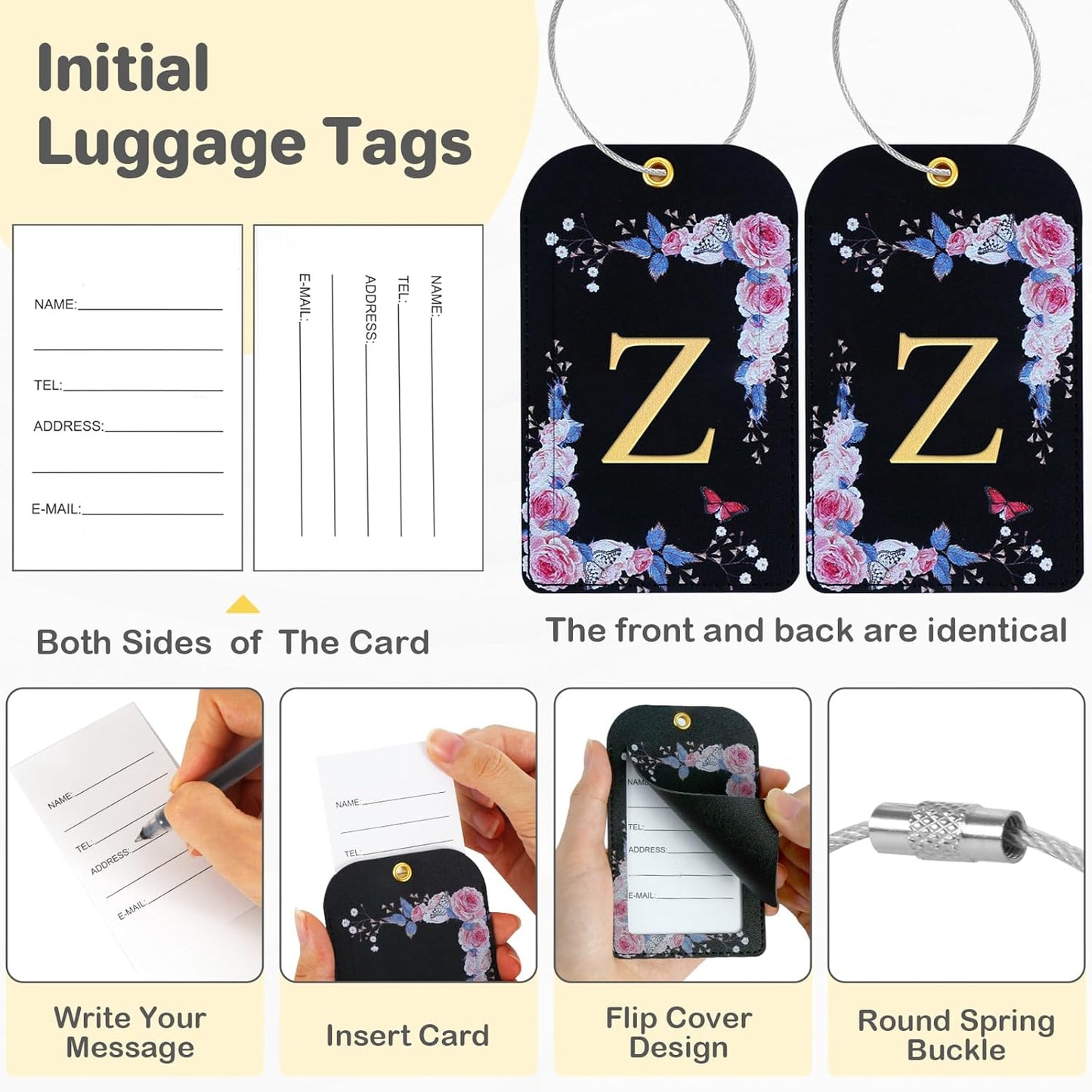 3 Pack Luxury Floral Luggage Tags, Durable PU Leather Suitcase Tags with Stainless Steel Cable