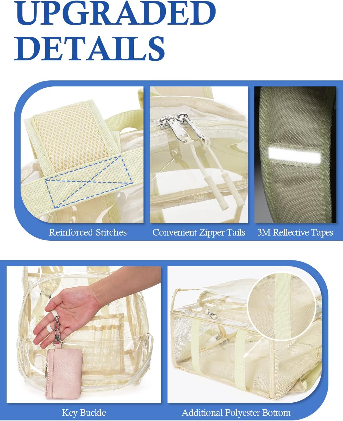 Clear Backpack for School, 17 inch Large Heavy Duty-TPU See Through Bookbag for Boys Girls and Adult, Transparent Backpack With Multi-Pockets for College Work Gym Sport, Beige