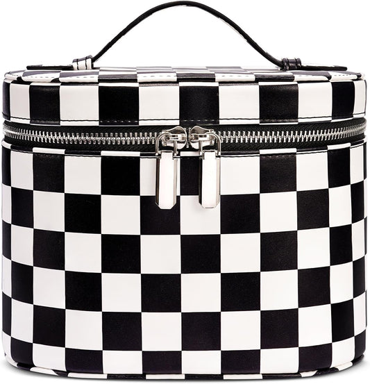 Makeup Bag, Checkered Makeup Bag with Compartments and Handle, Portable Cosmetic Organizer Bags,Toiletry Bag for Women