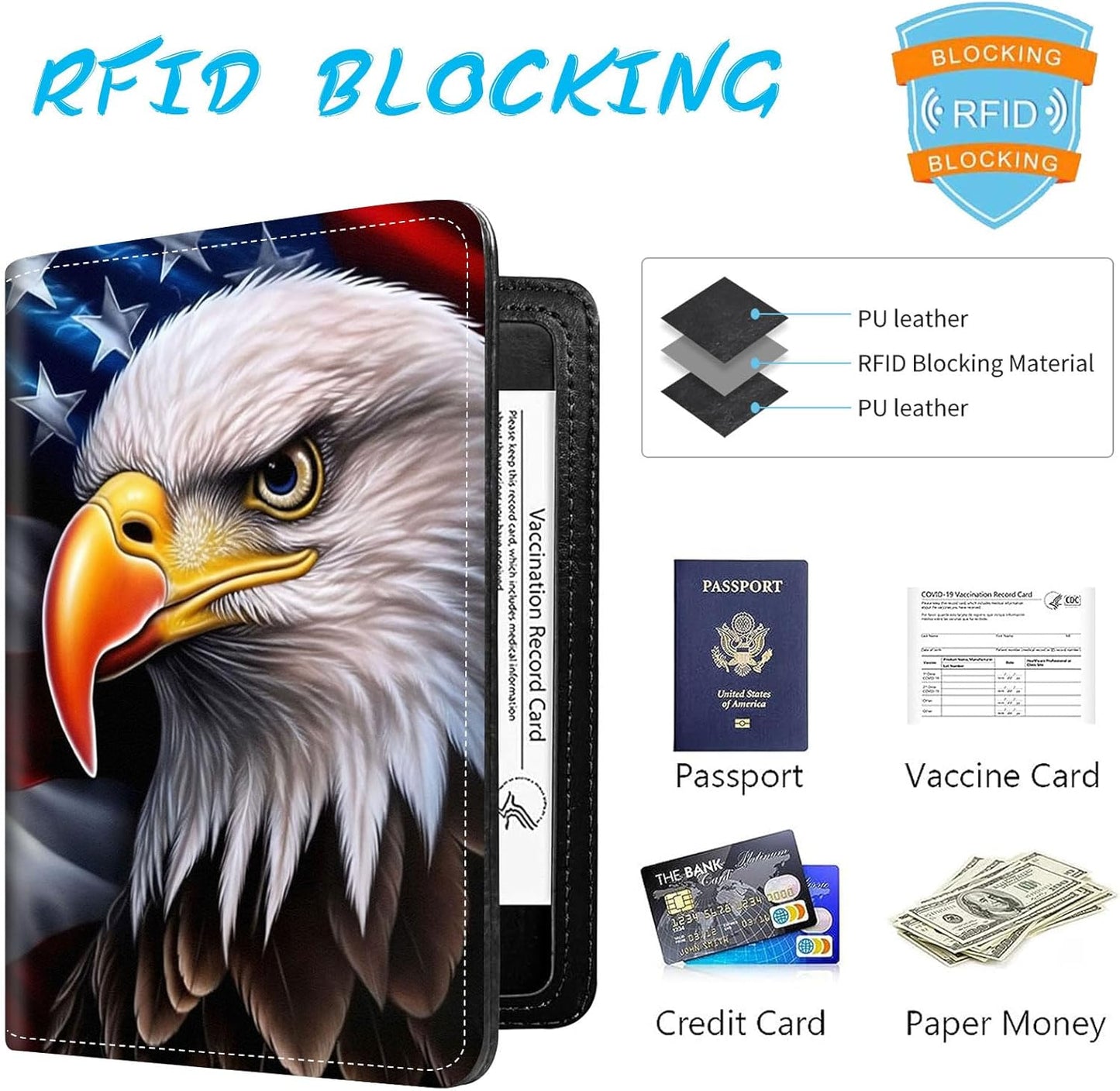 Passport Holder Cover Wallet Travel Essentials RFID Blocking Case Leather Passport Cover Wallet Vaccine Card Slot Organizer for Men Women, Eagle Flag