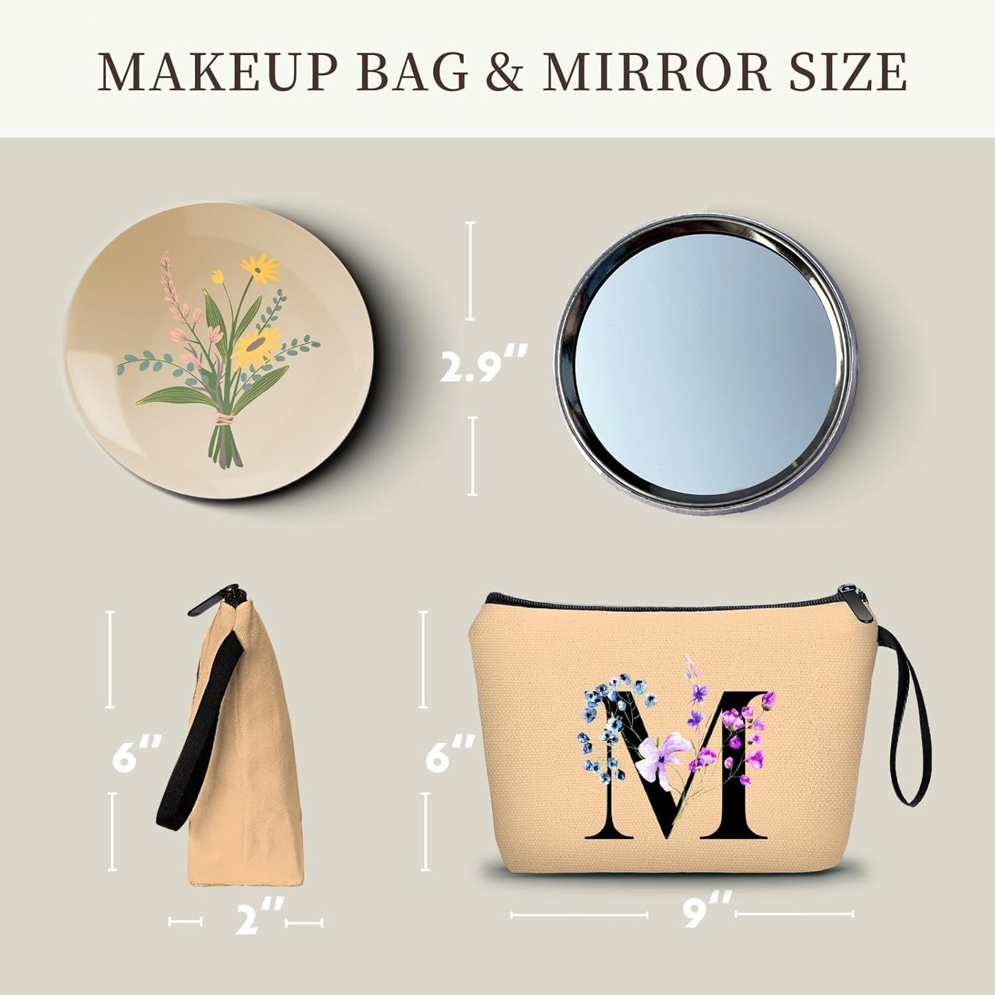 Women Birthday Maid of Honor Monogrammed Gifts for Bride Bridesmaid Sister Friend Her Teacher Makeup Cosmetic Bag with Mirror Mothers Day Christmas Graduation M