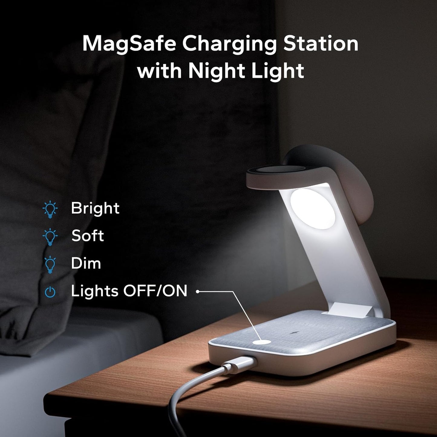 3 in 1 Foldable Wireless Travel Charging Station for MagSafe, Nightstand Magnetic Charger Stand for iPhone 17 16 15 14 Pro Max, Charging Dock with Night Light for Apple Watch/AirPods (White)
