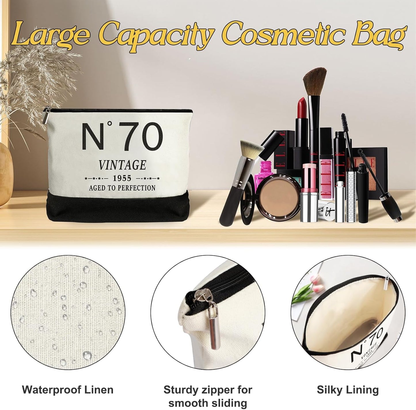 70th Birthday Gifts for Women Canvas Tote Bag Travel Gear, Unique 70 Years Old Gifts for Wife Sister Mom Aunt Friends Her, Vintage N°70 Handbag & Cosmetic Bag & Back in 1955 Poster