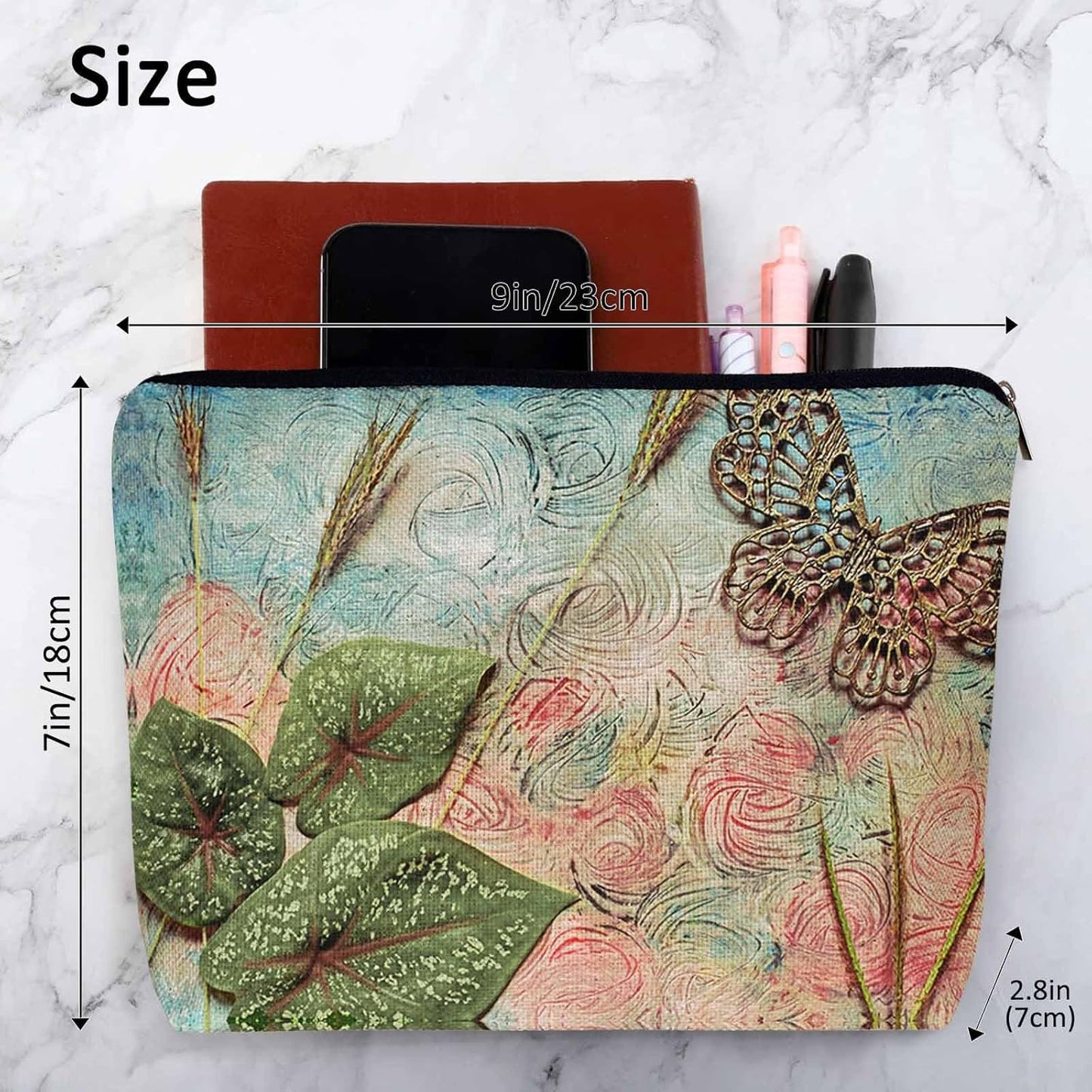 Women Cosmetic Bag Butterfly, Pond Green Leaves Floral Butterflies Cute Makeup Bag For Purse Cosmetic Travel Bag For Toiletries Makeup Storage Bag Flax Skincare Bag Make Up Pouch Bags