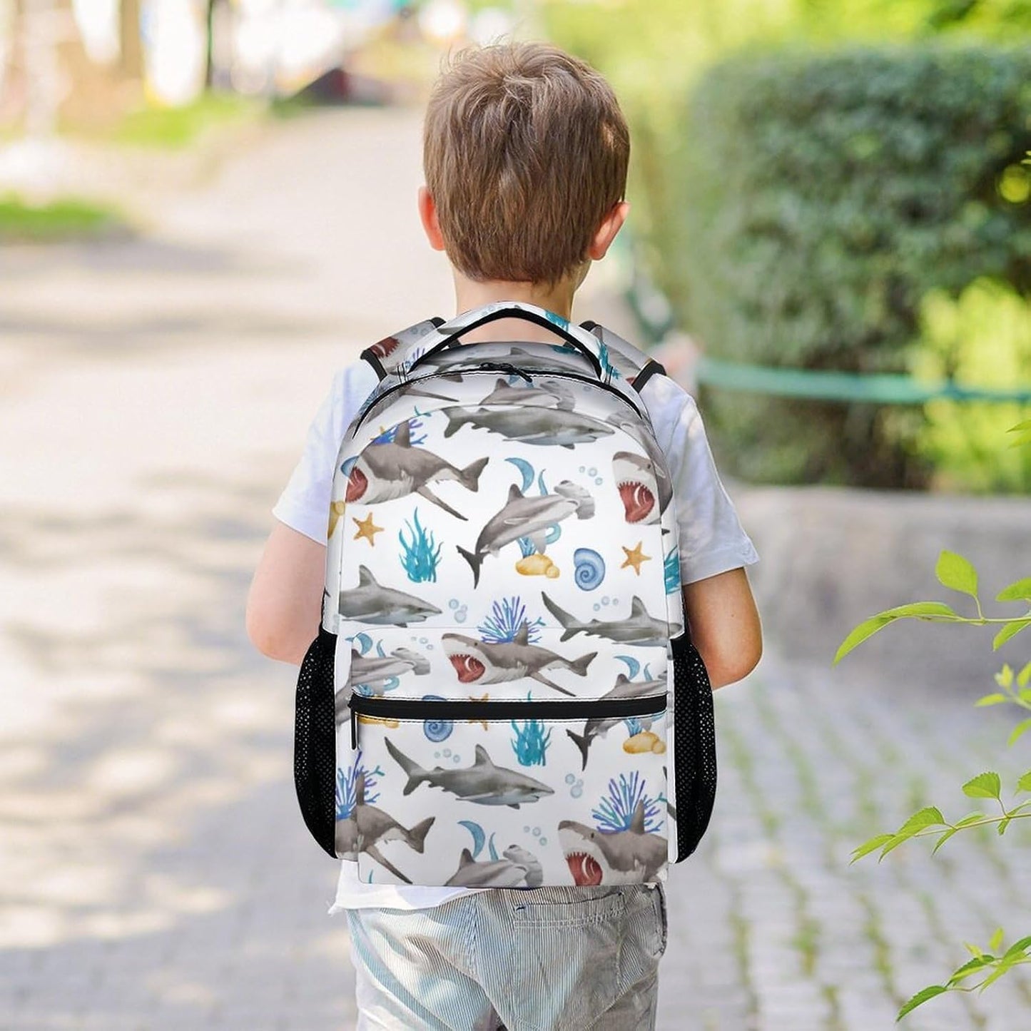 Shark Backpacks for Boys, Large Capacity Backpack for School, Cute White Lightweight Bookbag for Kids