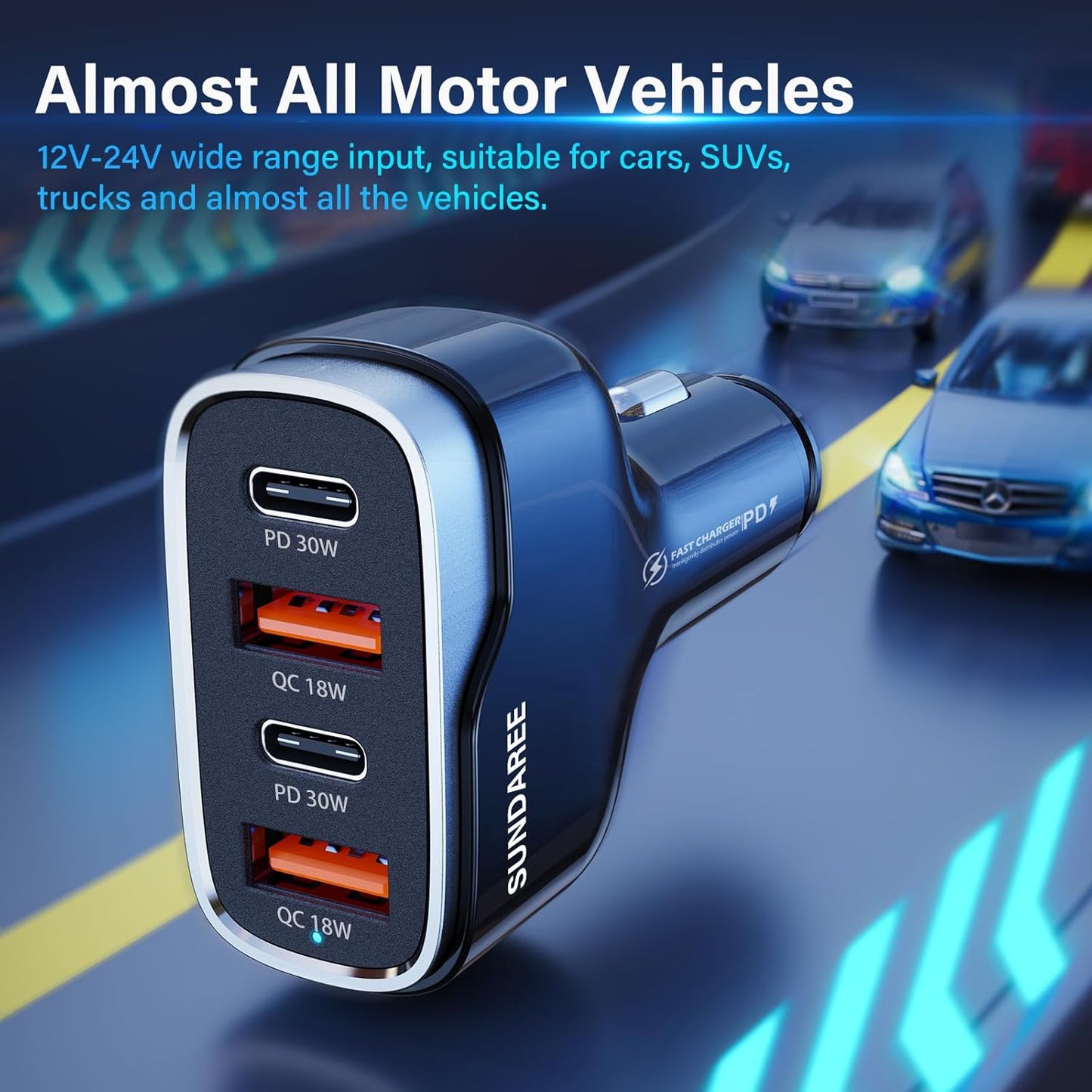 Car Phone Charger, SUNDAREE 60W 4 Ports USB c Car Charger Fast Charging Cigarette Lighter Adapter, Dual QC 3.0 18W & PD 30W Charger Compatible with iPhone 14 13 12 11 Pro, Samsung