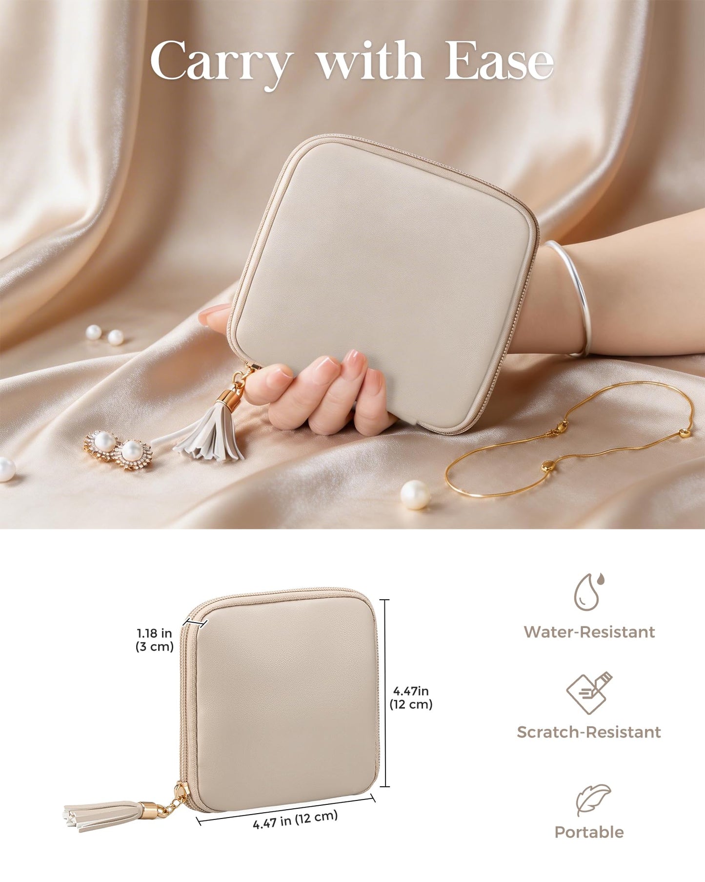 Lolalet Travel Jewelry Case Organizer, Small Soft Jewellery Pouch -Oatmeal
