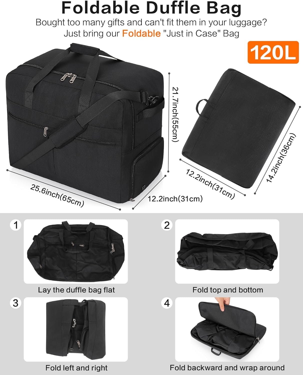 120L Foldable Large Travel Duffle Bag for Men and Women, Packable Duffel Bags with Shoe Compartment, Water Repellent & Tear Resistant (Black)