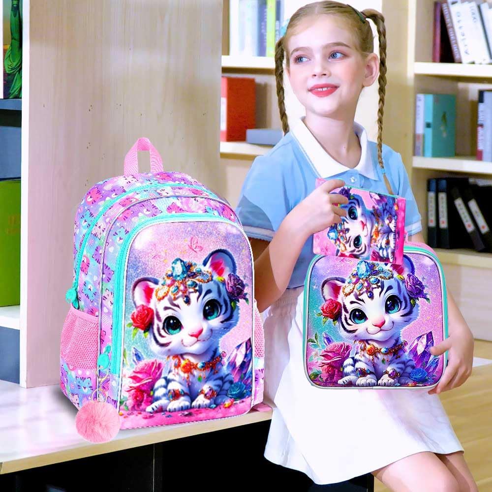 16" Girls Backpack, 16" Kids Bookbag with Lunch Box，Tiger School Backpacks for Elementary Preschool Kindergarten (Pink)