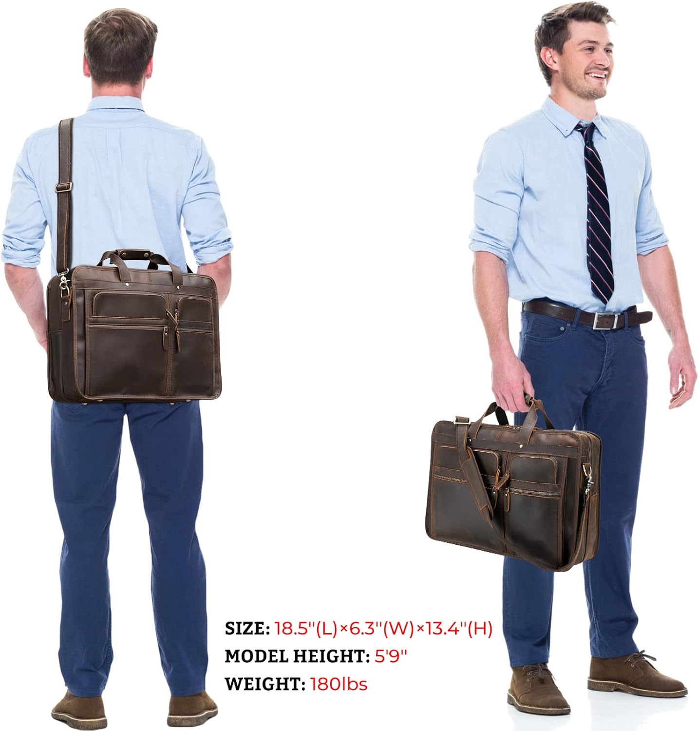 Polare 18.5” Full Grain Leather Laptop Briefcase Messenger Bag Tote For Men Large Fits 17.3” Laptop