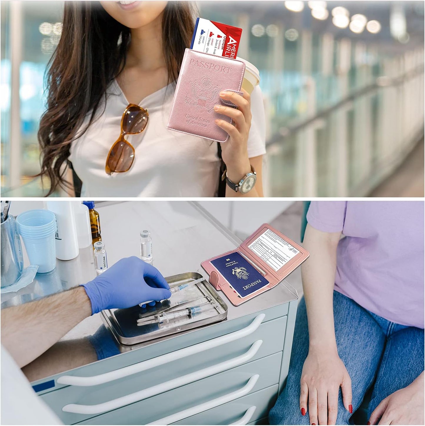 RSAquar Passport and Vaccine Card Holder Combo, Passport Holder Cover Wallet, Leather Card Case Travel Accessories with RFID Blocking for Women and Men, Rose Gold