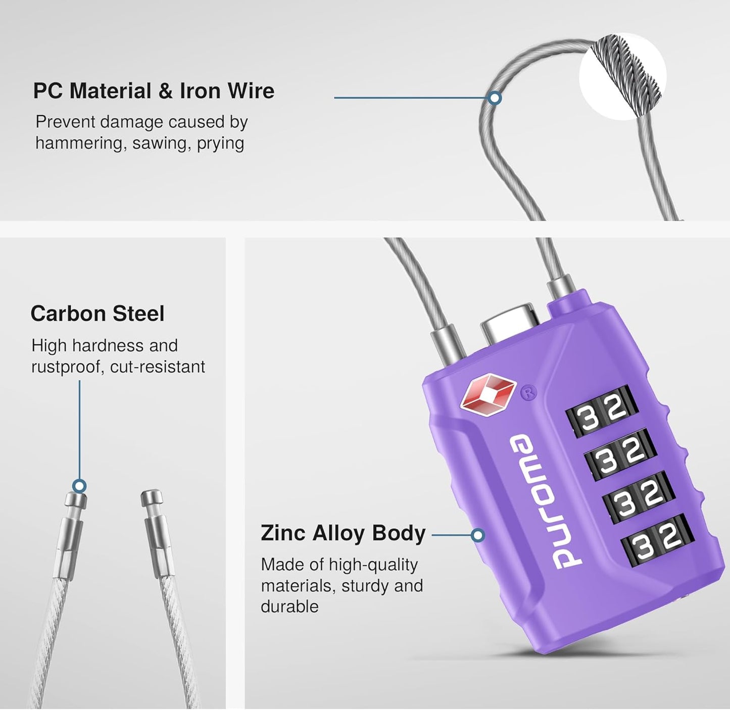Puroma 2 Pack TSA Approved Luggage Locks, 4 Digit Combination Travel Locks Resettable Code Lock with Zinc Alloy Body for Suitcase, Toolbox, Backpack, Bag, Gym Locker (Medium Purple)