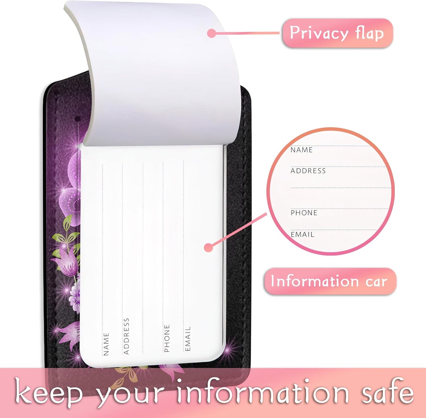 Luggage Tags for Suitcases, 2 Pack Fantasy Purple Butterflies Luggage Tag, Leather Stainless Steel Loop Label Tag for Men Travel Bag Suitcase