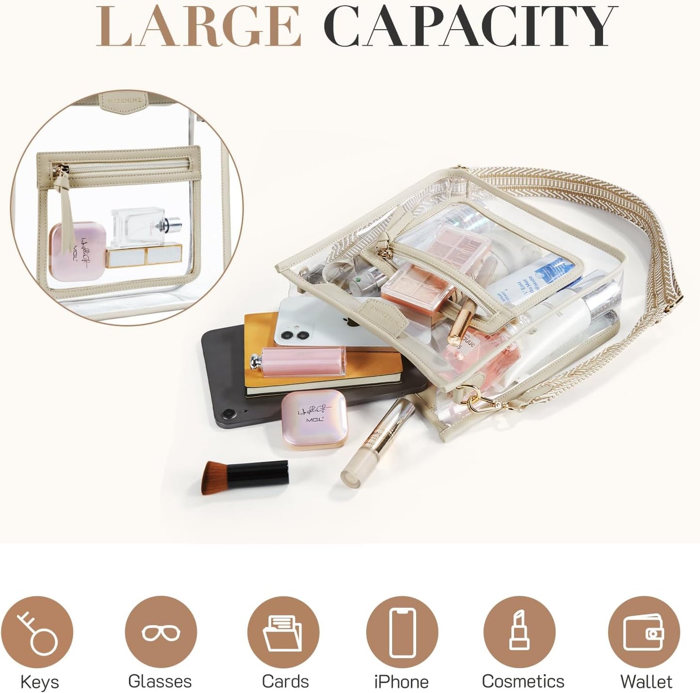 Missnine Clear Crossbody Bags for Women Stadium Approved Clear Purse for Concert Transparent