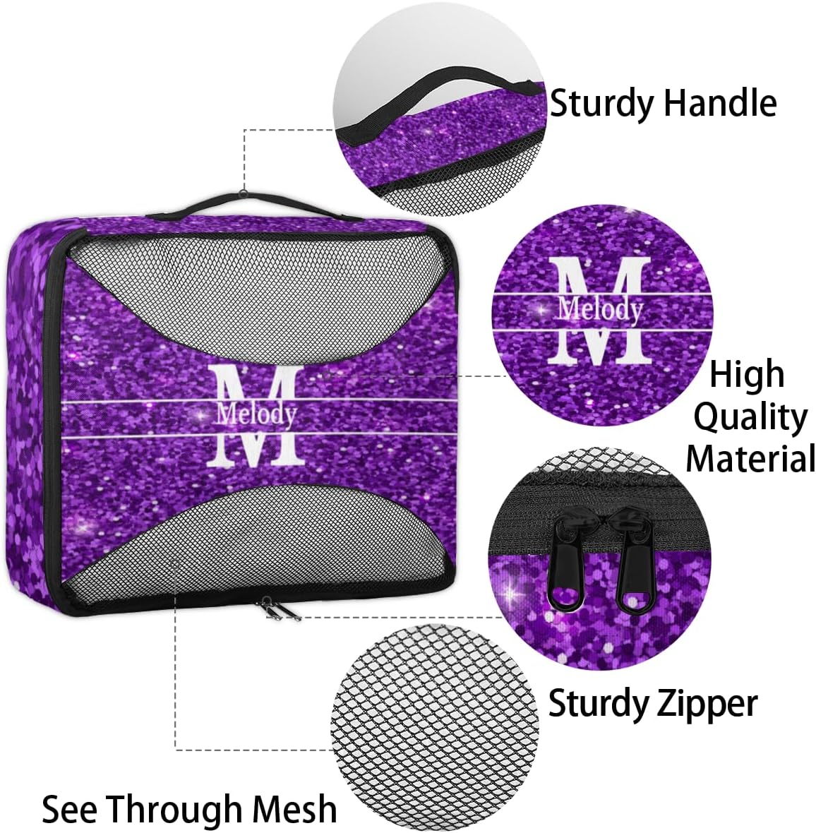 Custom Name 4 Pcs set travel luggage organizer Mesh Travel Essentials for Suitcases, Purple Sequins with Initial Letter
