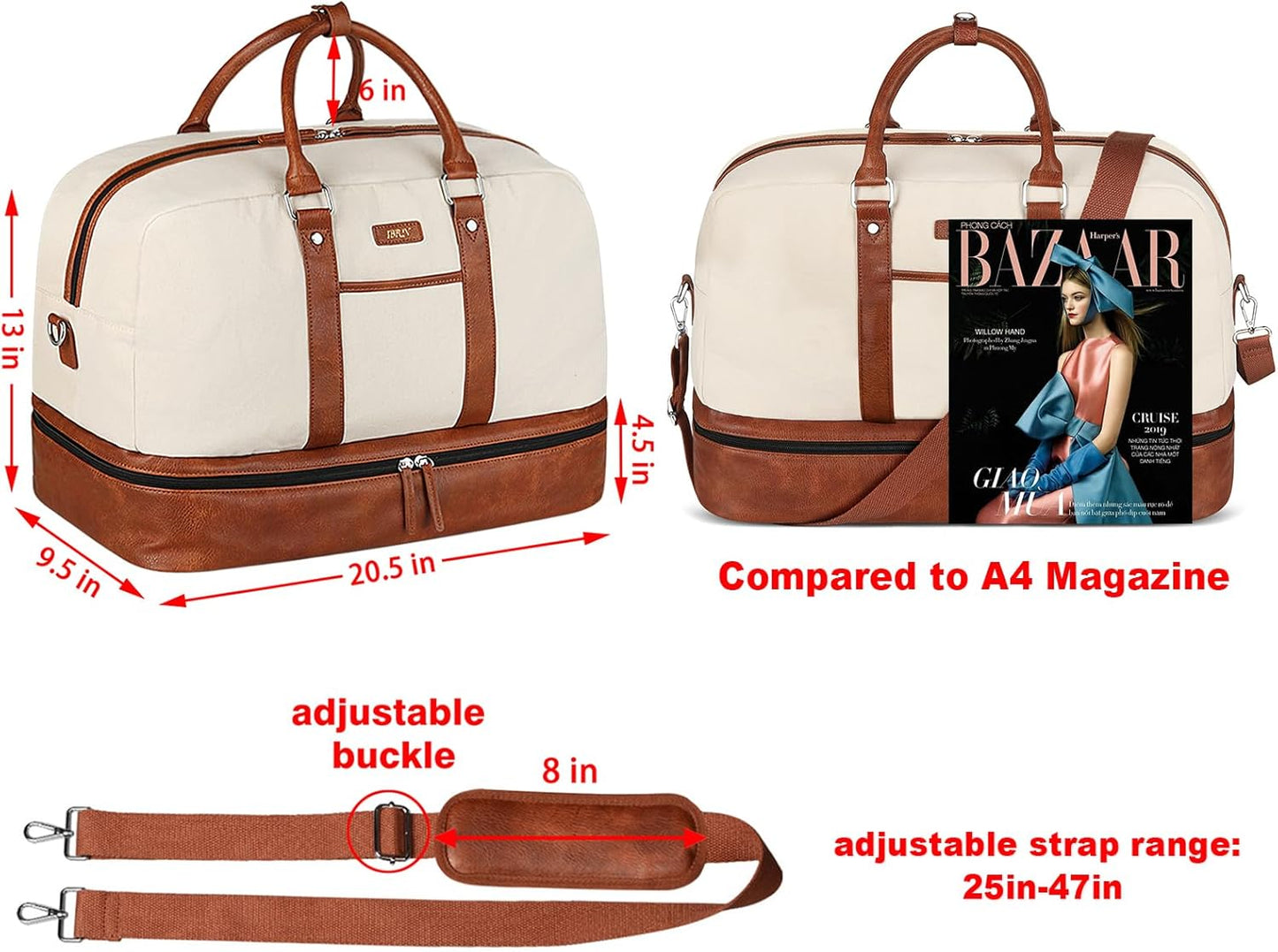 Weekender Bag for Women, Large Overnight Bag Canvas Travel Duffel Bag Carry On Tote with Shoe Compartment 21" 3Pcs Set