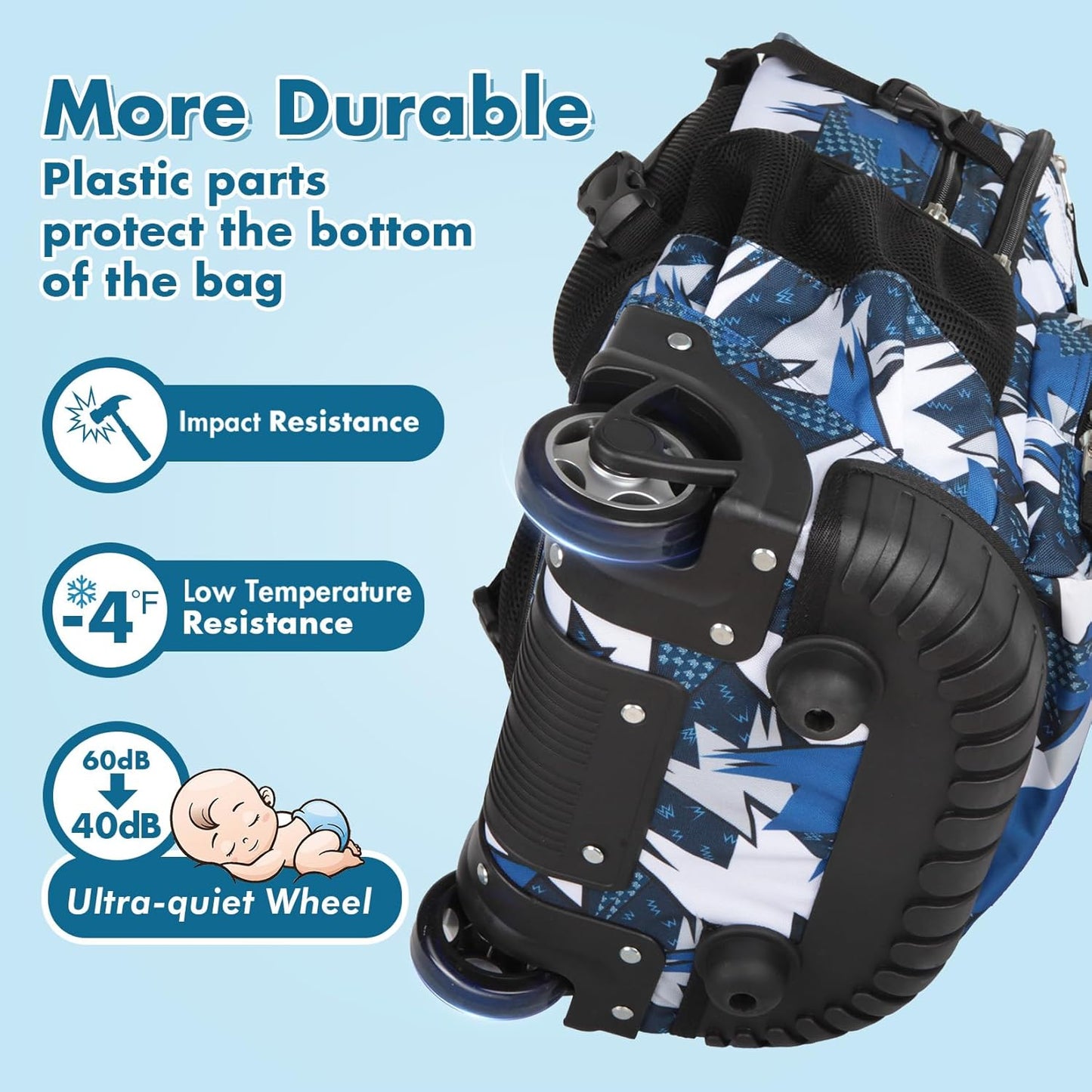 Tilami Rolling Backpack for Kids 18 Inch Wheeled Bookbag for Boys & Girls for School & Travel,Arts Blue