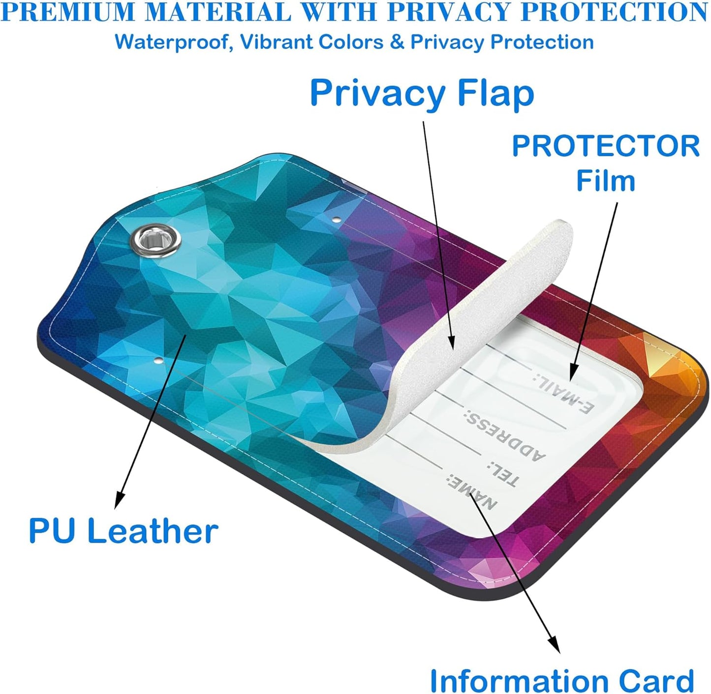 Polygonal and Rainbow Color Rhombus Luggage Tags for Suitcases Leather Travel Tags for Luggage ID Label with Privacy Cover and Stainless Steel Loop for Men Women Suitcase Backpack, Set of 2