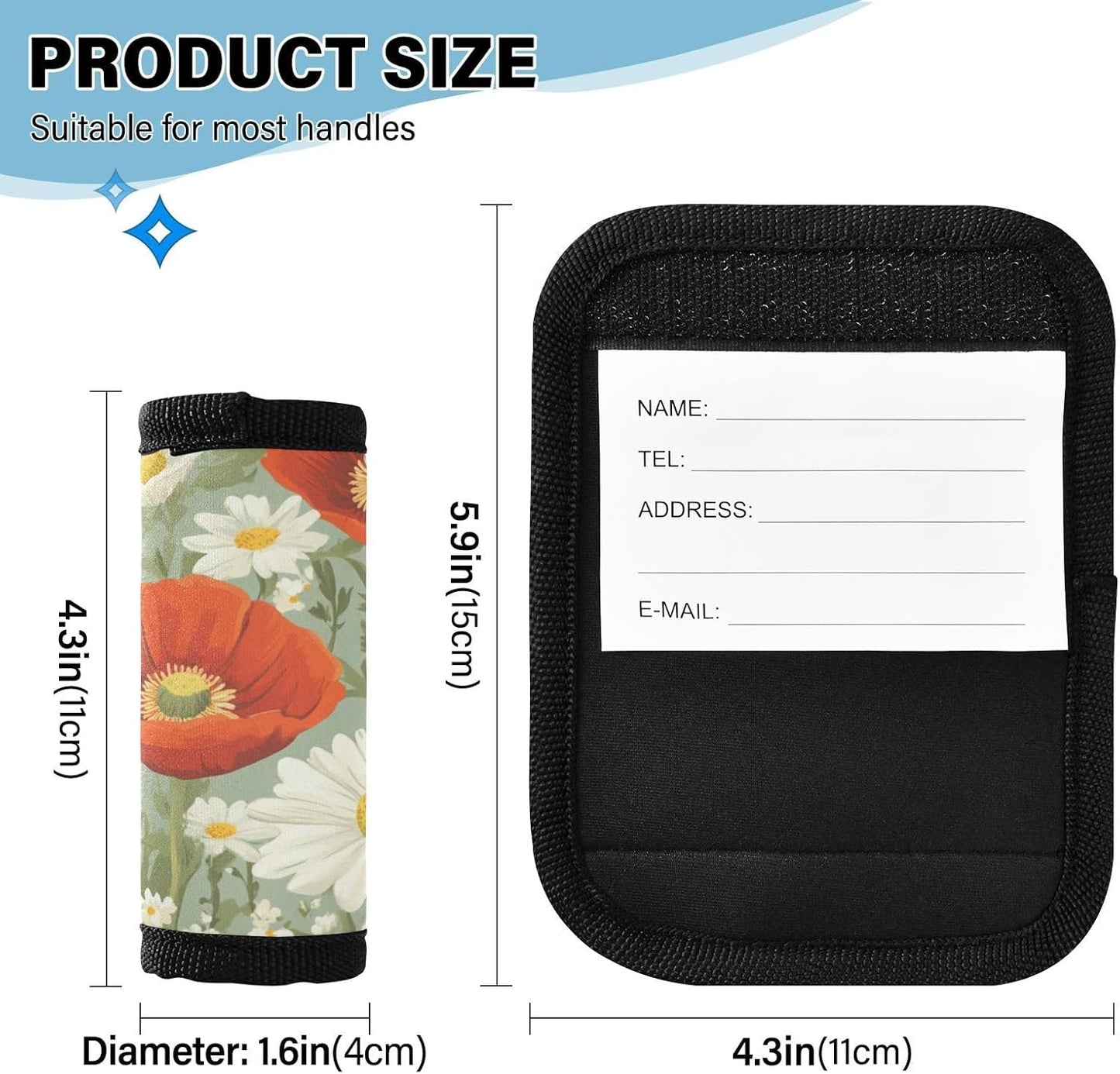 Poppy and Daisy Flowers Green 4 Pack Luggage Handle Wraps Covers for Suitcase Identifiers Bag Tags Travel Accessories