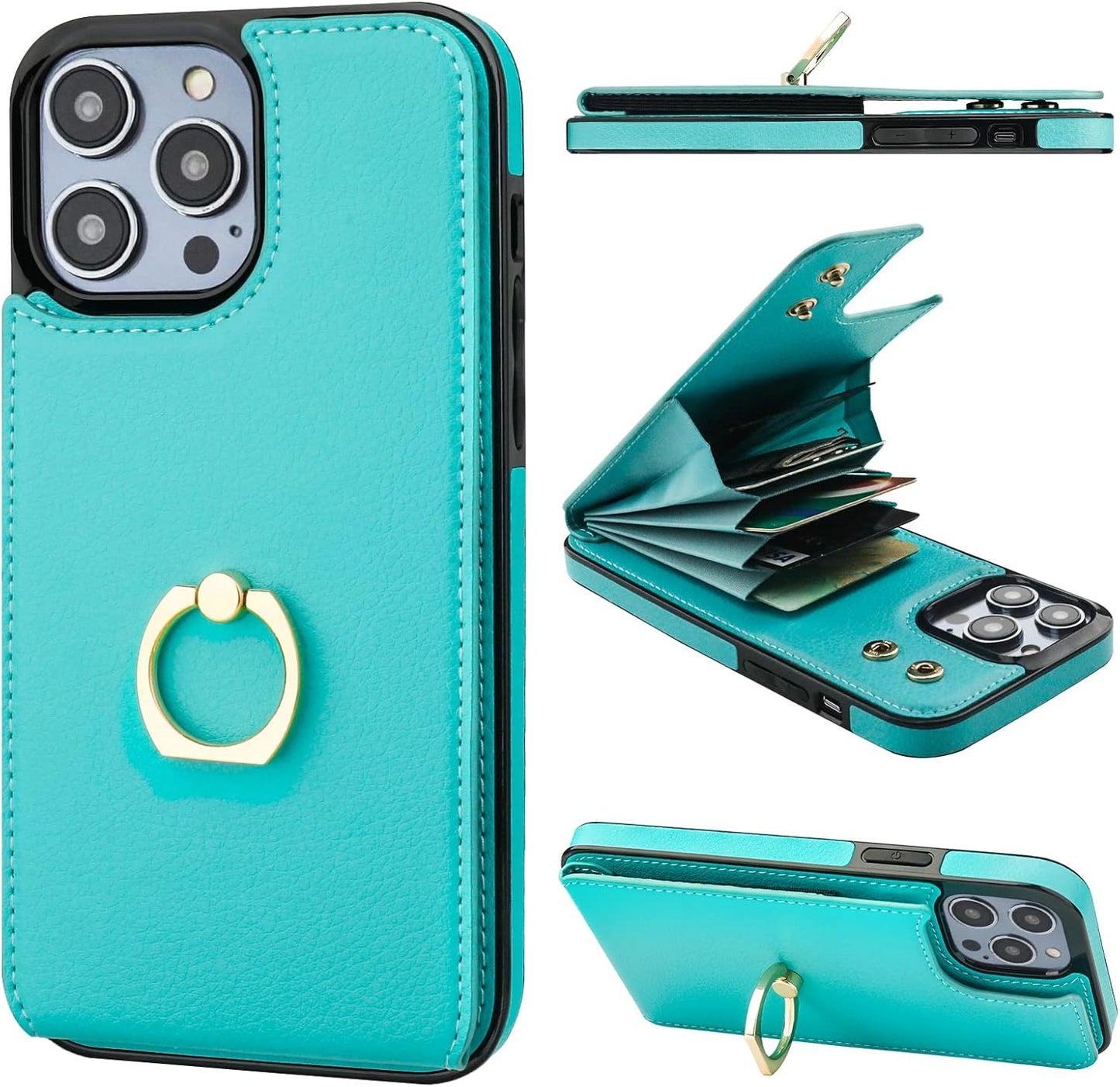 Folosu Compatible with iPhone 14 Pro Max Case Wallet with Card Holder, 360°Rotation Finger Ring Holder Kickstand, RFID Blocking Leather Protective Double Buttons Shockproof Cover 6.7 Inch Green