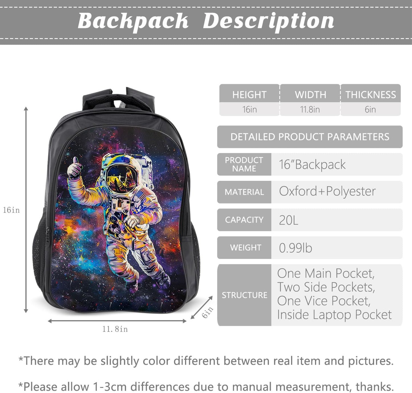 Klymax Astronaut Backpack Space Galaxy Schoolbag with Lunch Box Bag Pencil Bag 3pcs Bookbag Sets for Boys Girls