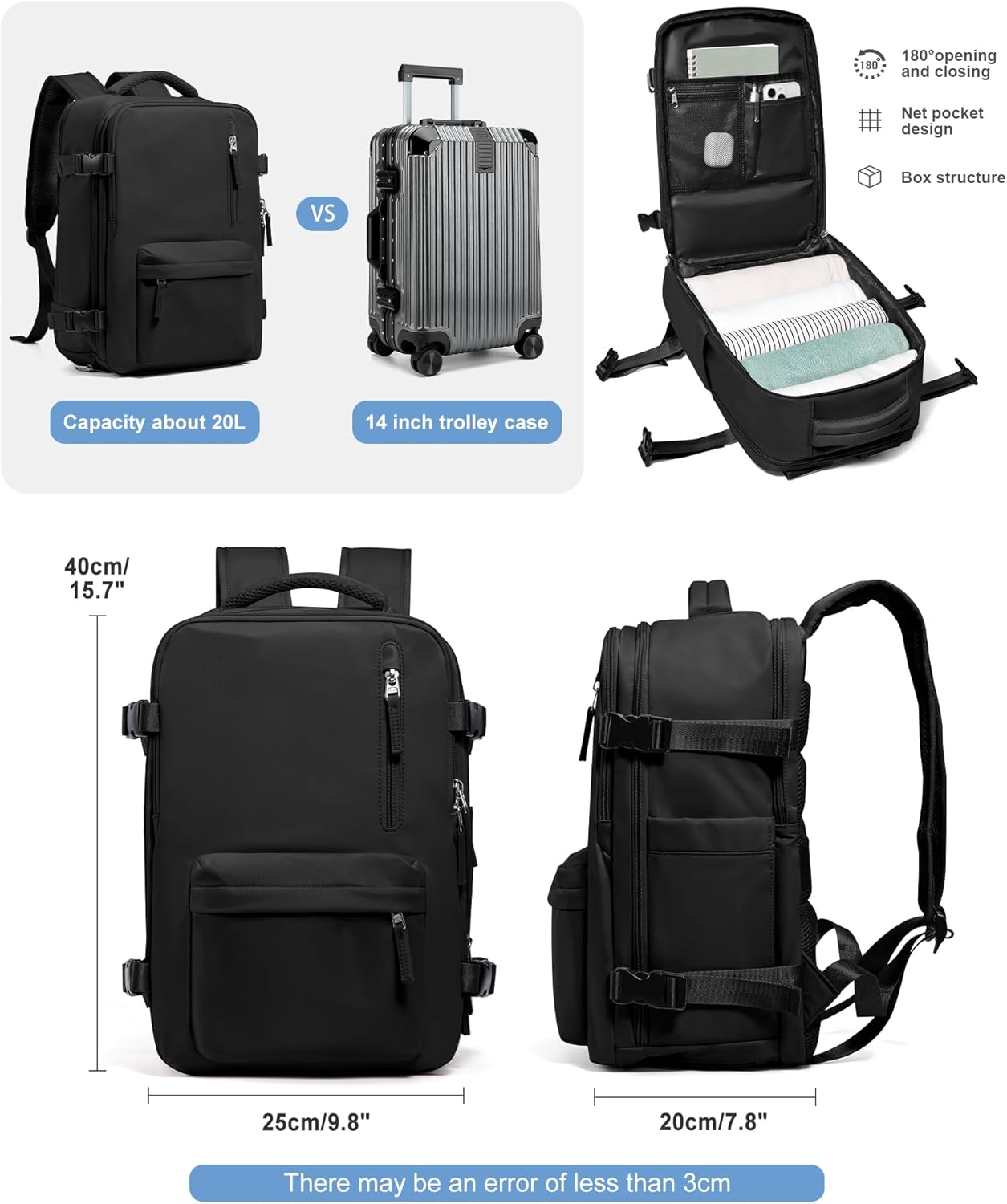 VGCUB Travel Backpack for Women Men for Spirit Airlines Personal Item Bag 18x14x8 Inches Laptop College Waterproof Carry on Flight Approved Work Backpack Mochila de Viaje,Black