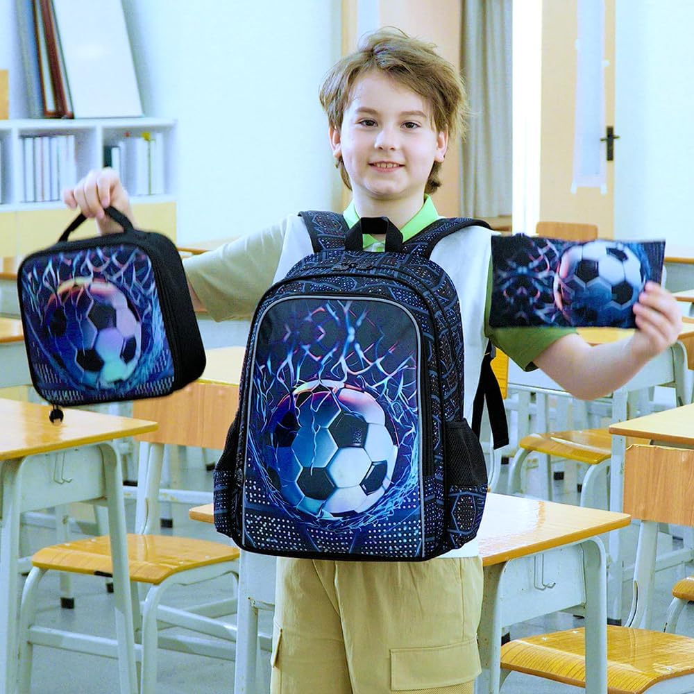 3Pcs Soccer Backpack for Boys, 17" Kids School Bookbag with Lunch Box, Football Backpacks Set for