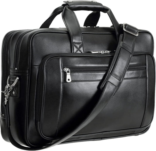 Men's Solid Thick Full Grain Leather 17.3" Laptop Briefcase Classic Messenger Bag Fit Business Travel