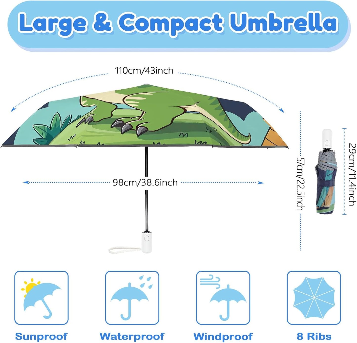 Autoamtic Kids Umbrella UV Resistant, Folding Compact Umbrella 360° Reflective Strip for Travel Outdoor, Lightweight Cute Kids Parasol Anti-rebound Safe for Toddler