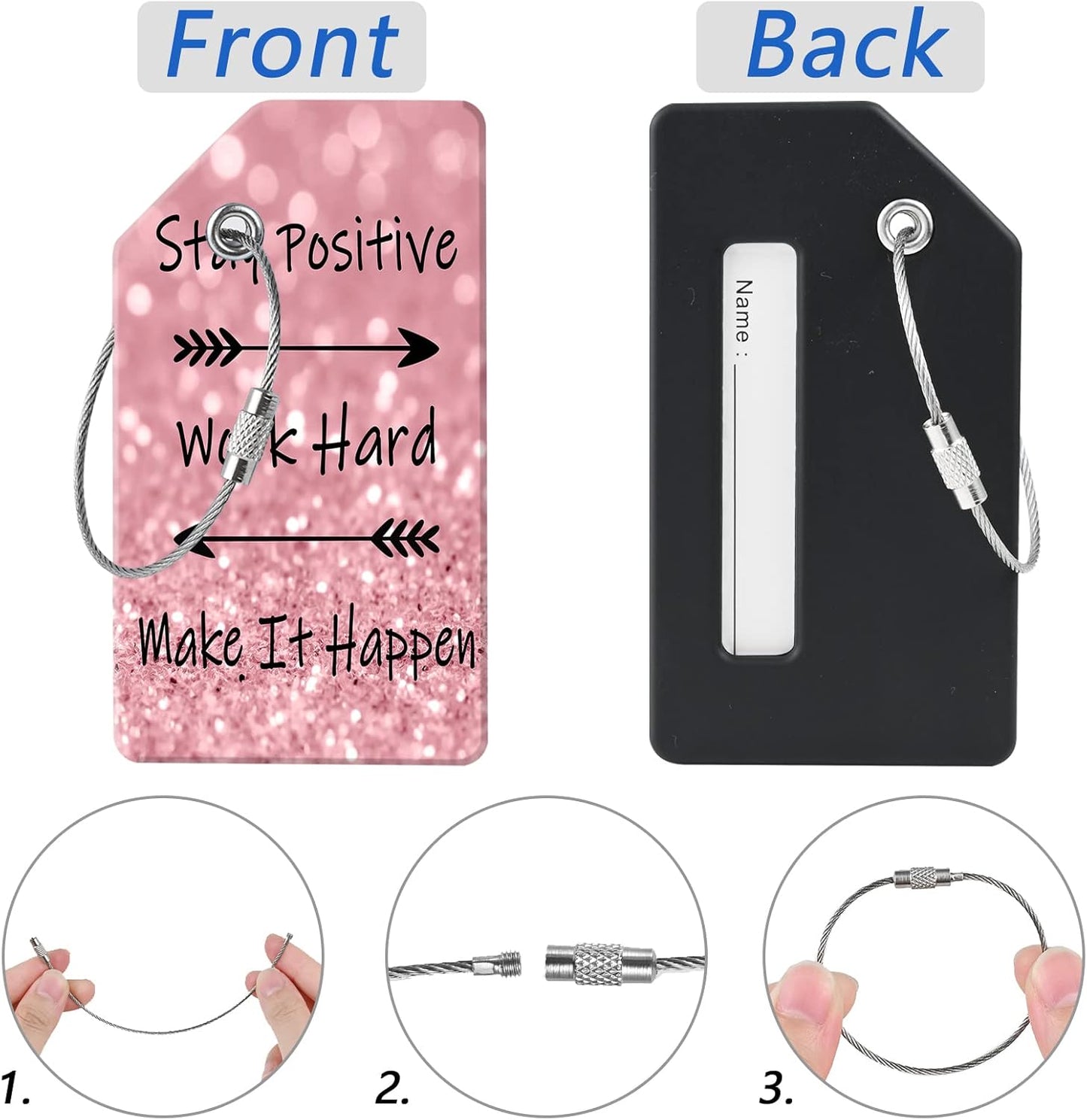 2 Luggage Tags, (1" Smaller Than Traditional) Perfect for Quick Luggage Identification with Stainless Steel Ring and Address Card for Travel and Luggage (Encouraging English)