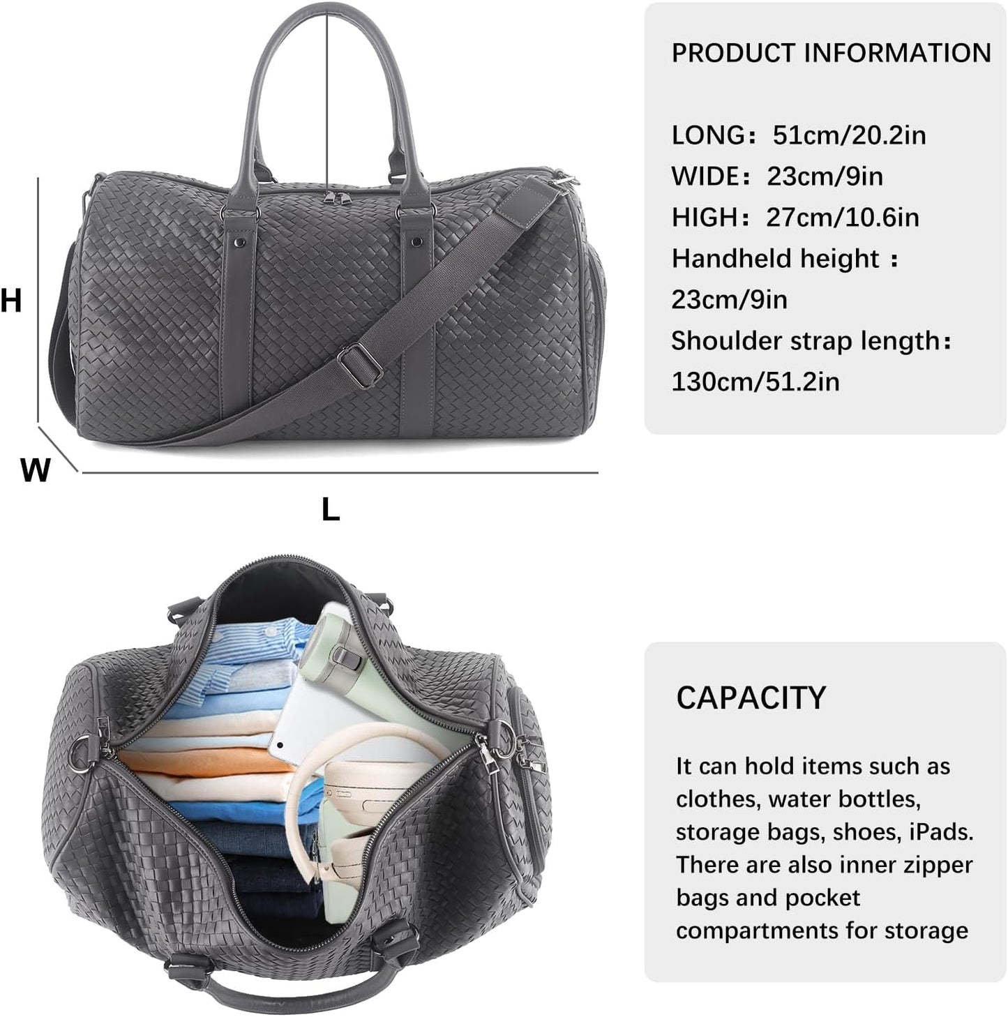 Weekender Bags for Women Woven Leather Travel Duffel Bag with Shoe Compartment, Carry On Garment Bag for Men Women, Large Capacity Water-resistant Gym Tote (Gray)